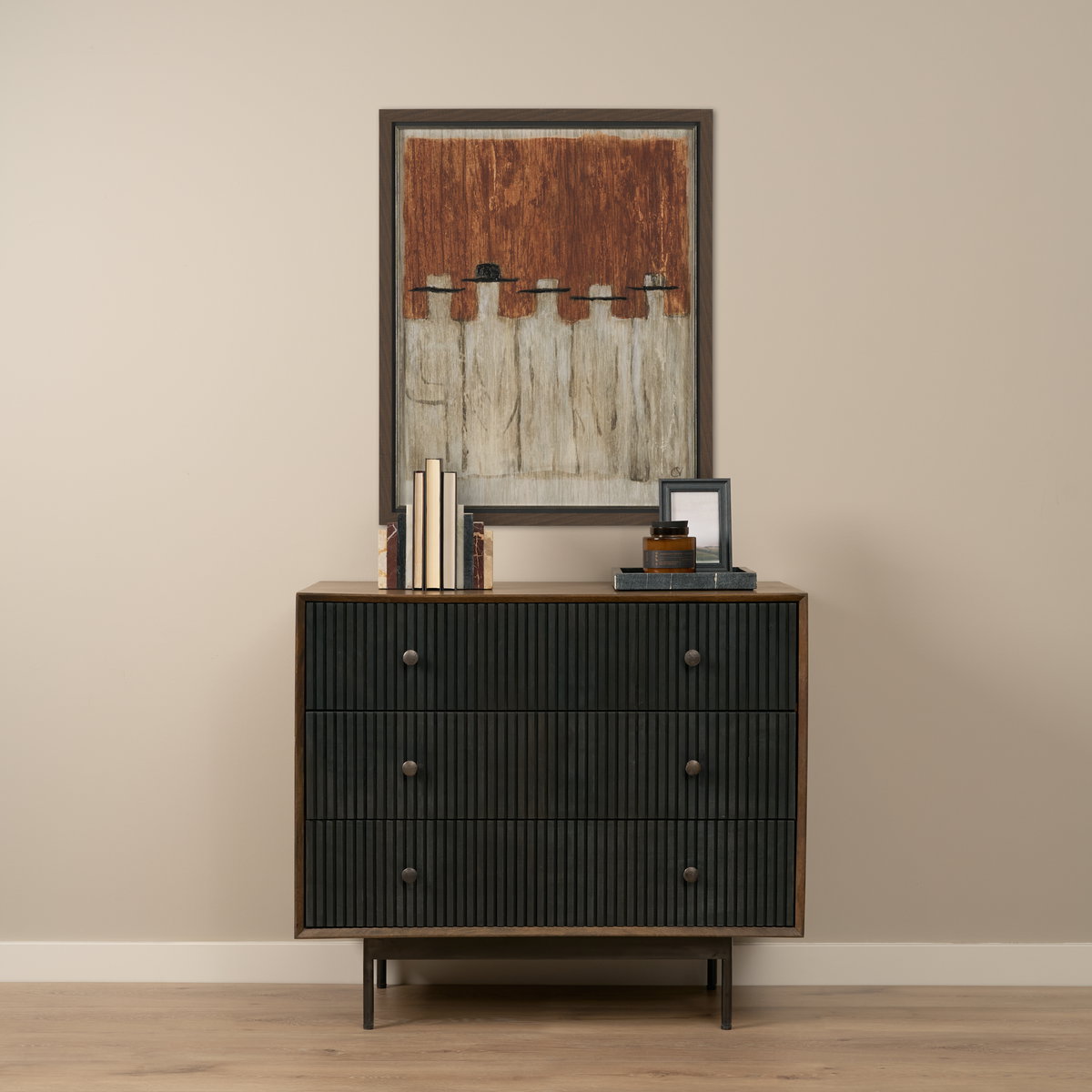 Grace  Medium Brown Wood with Black Metal Frame 3 Drawer Accent Cabinet, Cabinets & Chest by Mercana, 35.5" length x 18" width x 31" height View 2