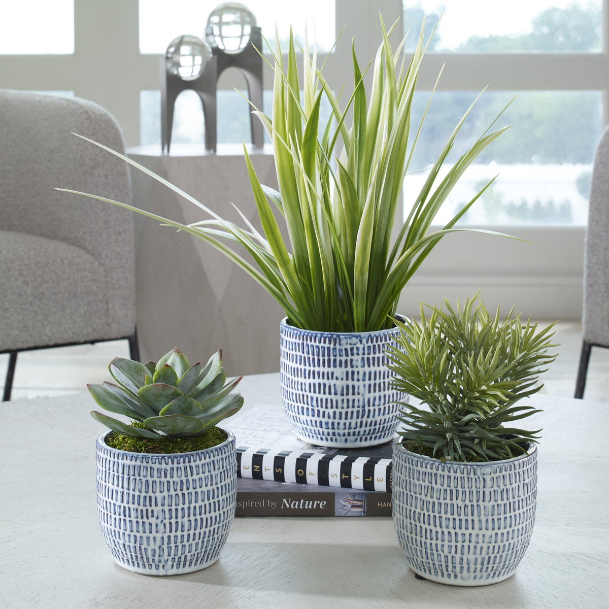Puebla Greenery In Blue & White Pots Set/3, Artificial Plants & Flower by Uttermost, 22" width x 16" height x 22" depth View 2