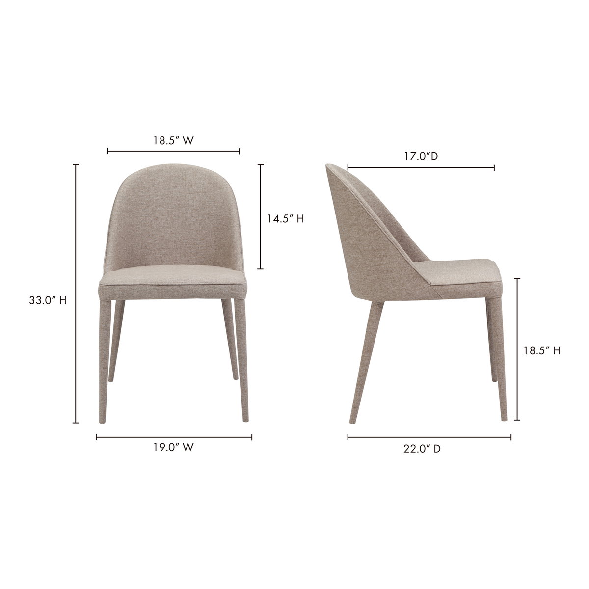 Burton Dining Chair Light Grey - Set Of Two, by Moe's Home, 19" width x 33" height x 22" depth View 12
