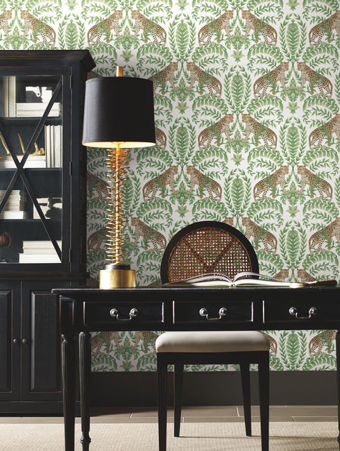 Jungle Leopard White & Green Wallpaper