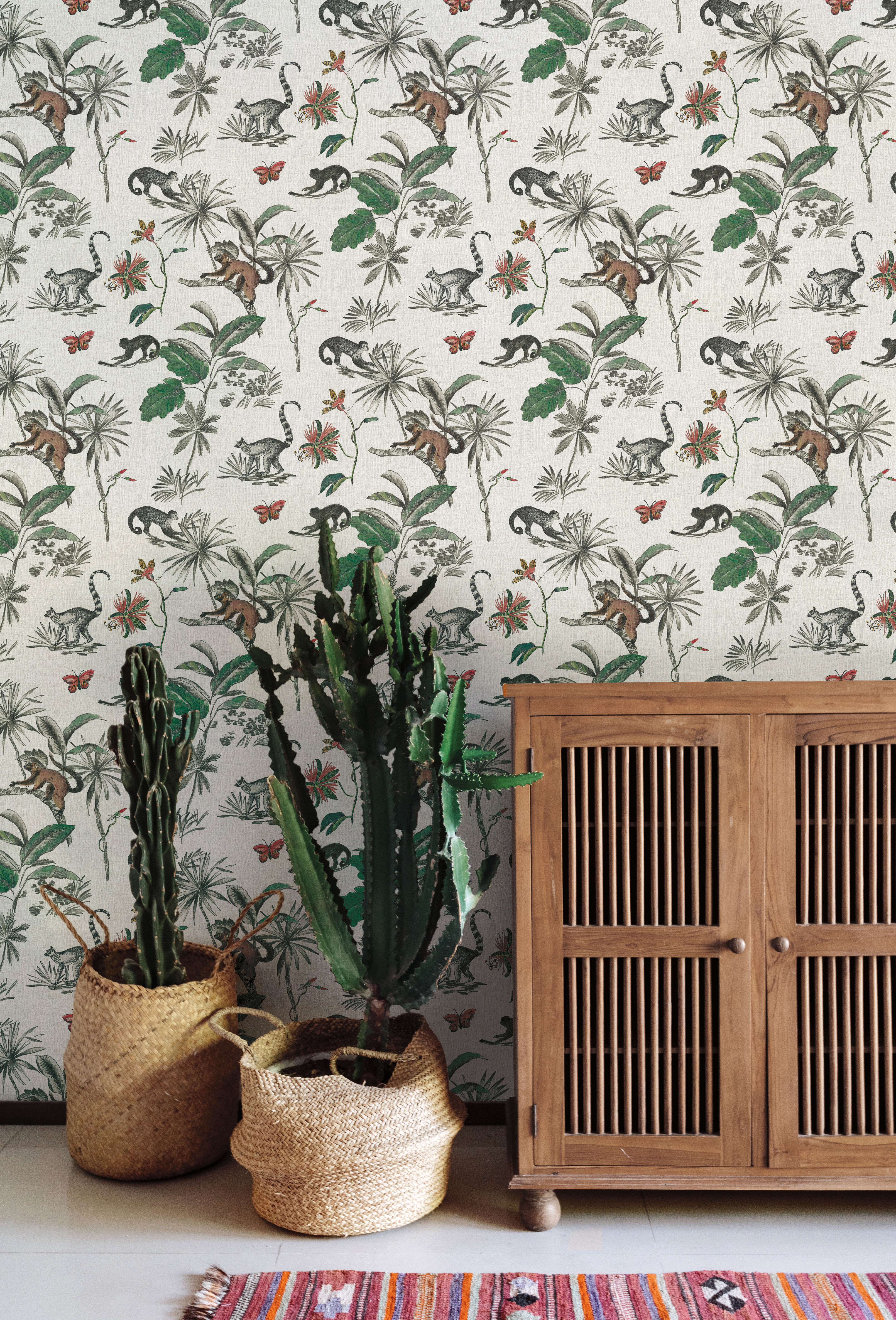 Botanicals & Lemurs White & Green Peel & Stick Wallpaper large image 
