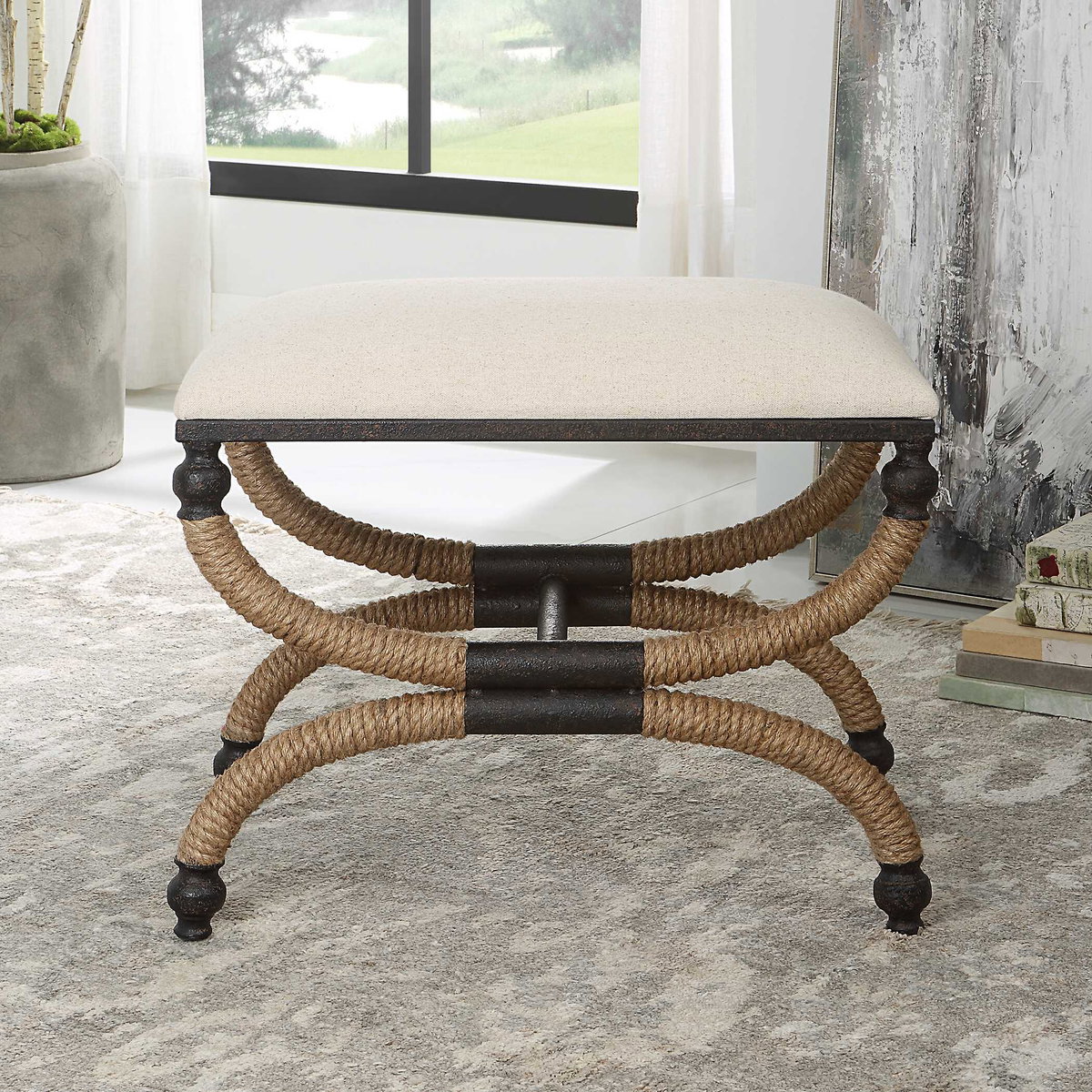 Icaria Upholstered Small Bench, Benche by Uttermost, 23.5" width x 19.5" height x 15.75" depth View 4