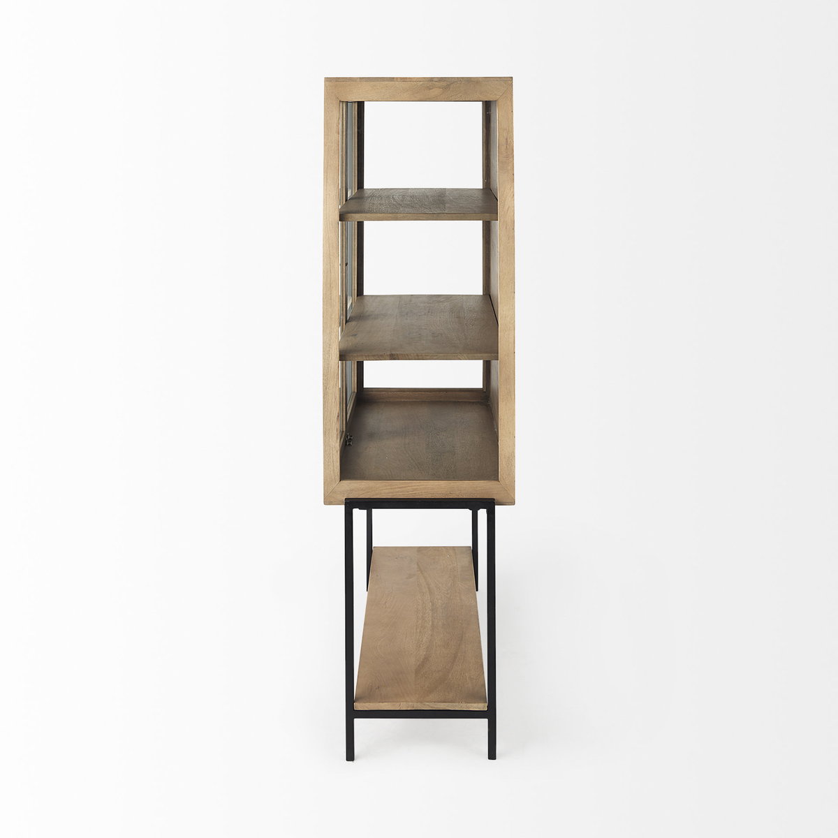 Arelius 36L x 18.75W x 63H Light Brown Wood with Black Metal Base Display Cabinet, Cabinets & Sideboard by Mercana, 36" length x 18.75" width x 63" height View 7