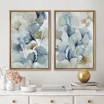 Online Designer Bedroom Blue Ginkgo Leaves Minimalist Abstract Botanical Modern - Framed Canvas Bedroom Wall Art Set 2 Print