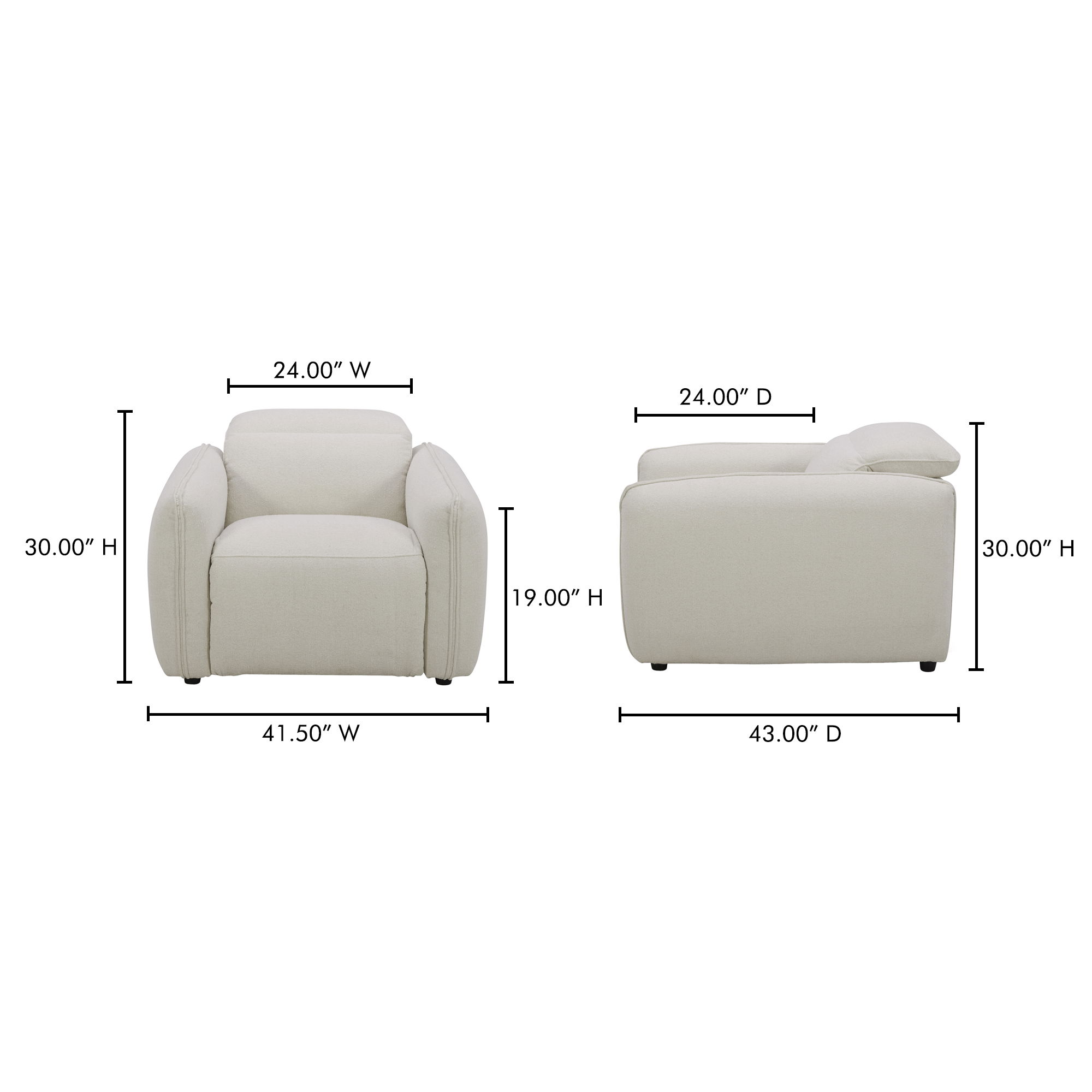 Eli Power Recliner Chair Warm White, Accent Chair by Moe's Home, 41.5" width x 30" height x 43" depth View 12