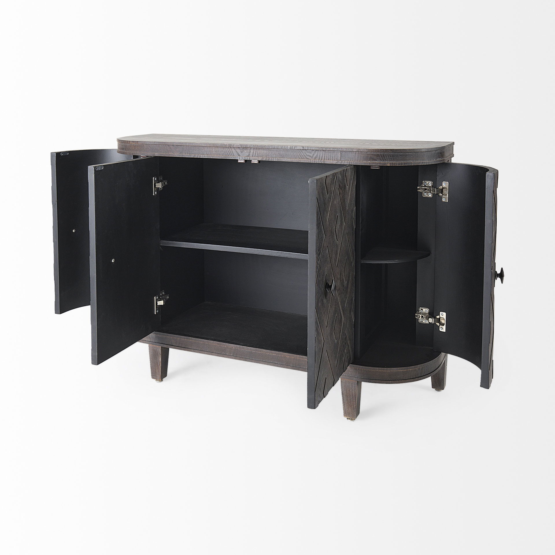 Lennon  Dark Brown Fir Veneer 4 Door Demilune Cabinet, Cabinets & Chest by Mercana, 47.24" length x 14.96" width x 33.07" height View 8