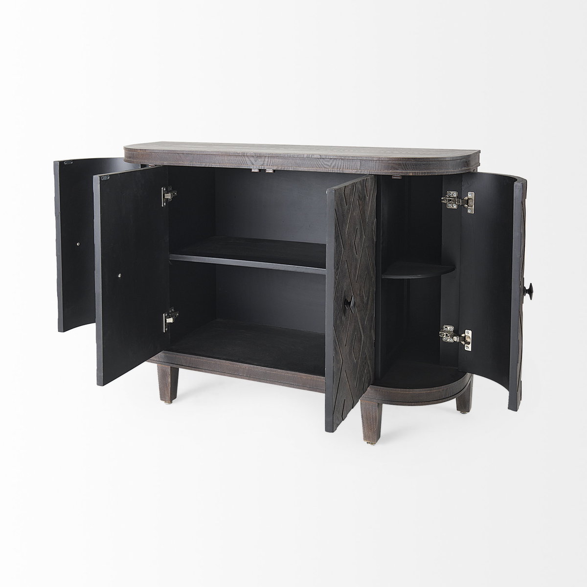 Lennon  Dark Brown Fir Veneer 4 Door Demilune Cabinet, Cabinets & Chest by Mercana, 47.24" length x 14.96" width x 33.07" height View 8
