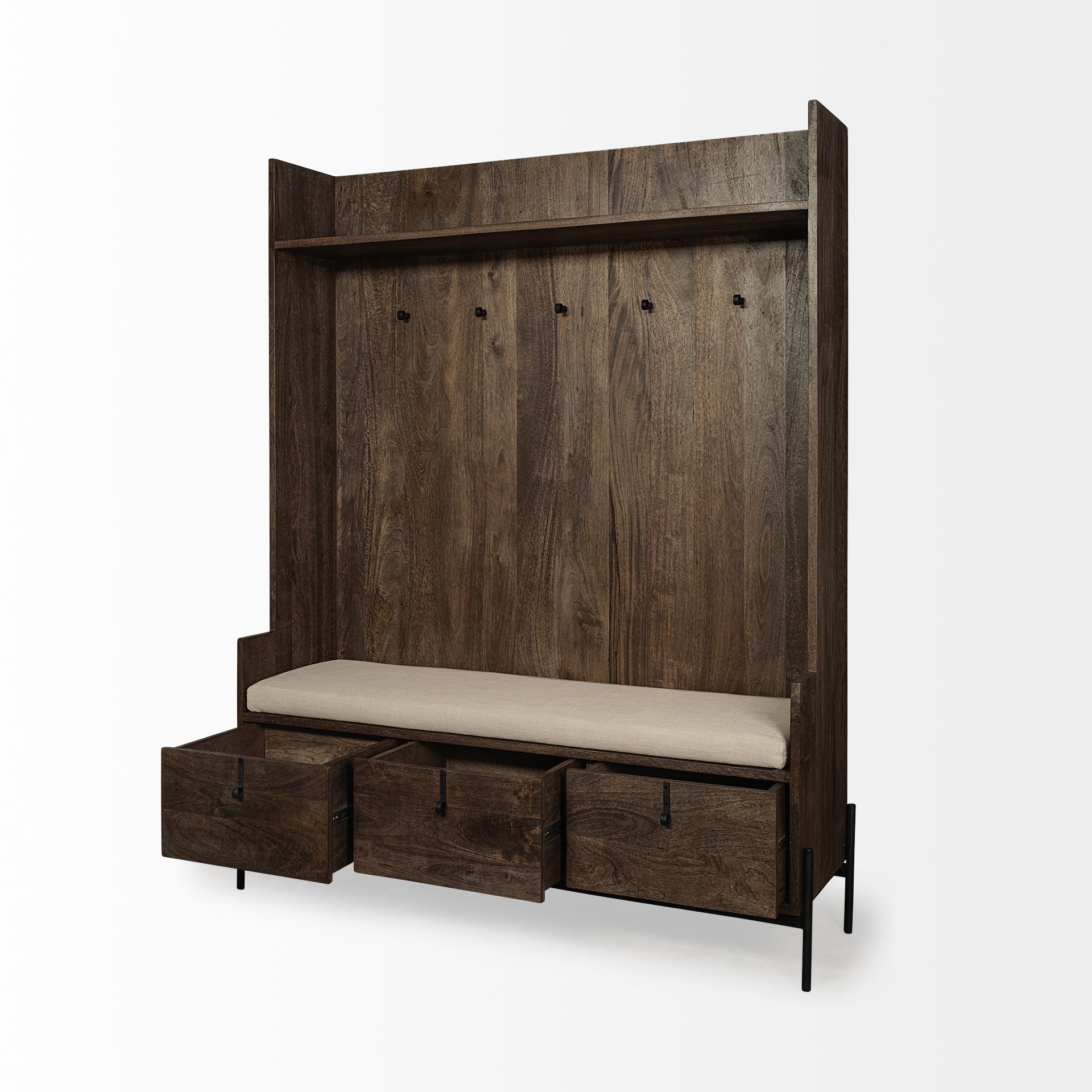 Glenn V 56L x 17W Dark Brown Wood with Cream Fabric Seat, 3 Drawers Hall Tree, Entry & Hallway by Mercana, 55.5" length x 16.5" width x 70" height View 8