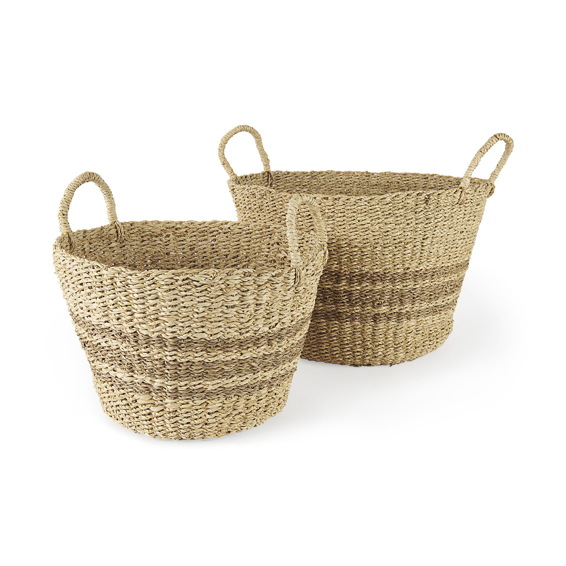 Vance  Light Brown Palm Leaf and Seagrass Round Basket with Handles, Bins & Basket by Mercana, 17.72" length x 17.72" width x 11.81" height View 1