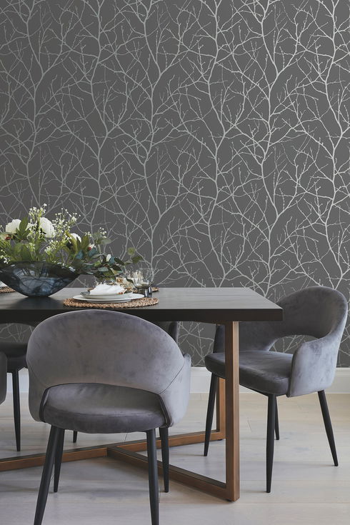 Trees Silhouette Charcoal & Silver Wallpaper