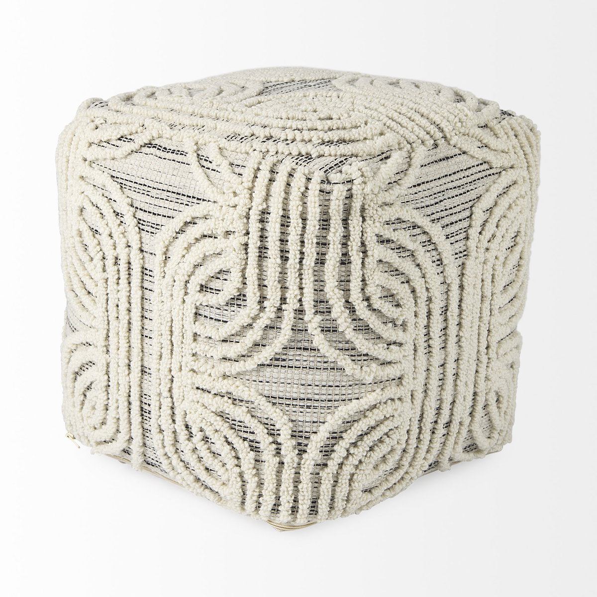 Amaya  Cream/Black/Gray Wool and Cotton Pouf, Ottoman by Mercana, 16" length x 16" width x 16" height View 4