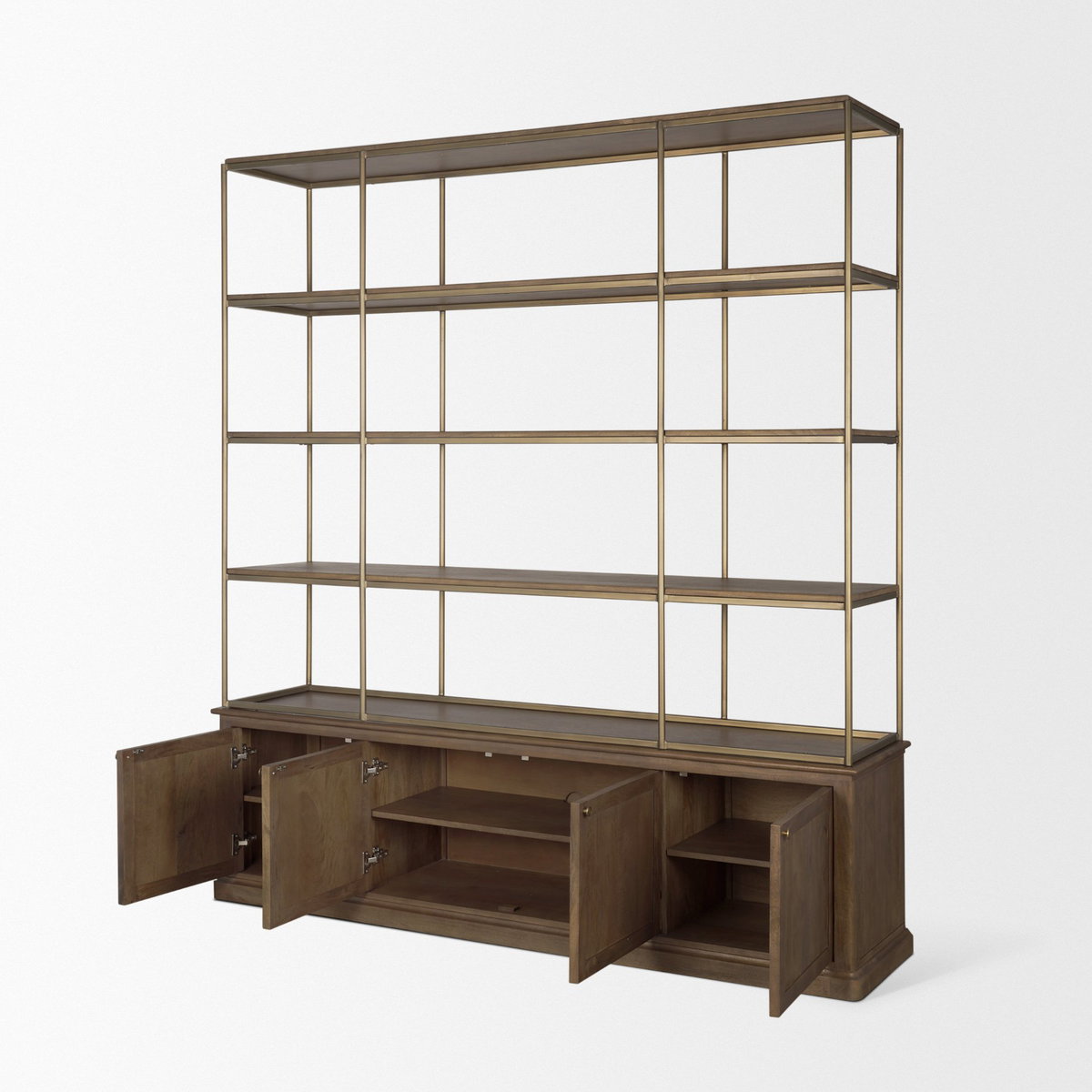 Baron 4-Door Dark Brown Wood with Antique Brass Metal Open Shelving Unit, Shelving & Bookcase by Mercana, 81.75" length x 19" width x 90" height View 9