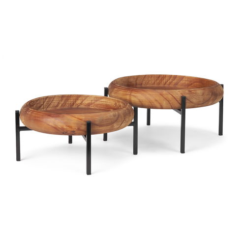 Wally Round Medium Brown Wood with Matte Black Metal Stand Trays