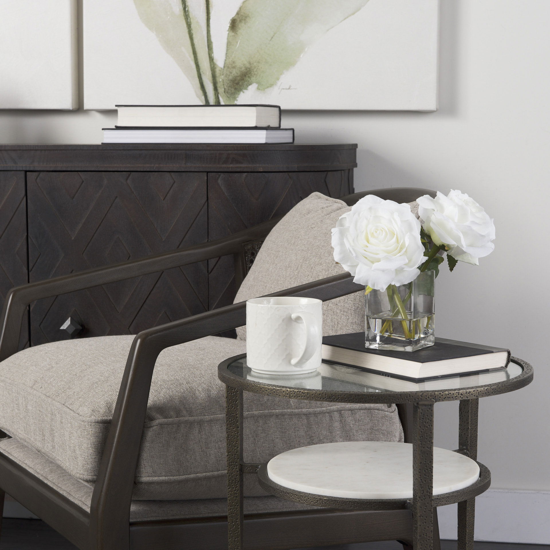 Felicity 15.8L X 15.8W X 22.5H Glass Top with White Marble Shelf and Antique Gold Base End/Side Table large image 