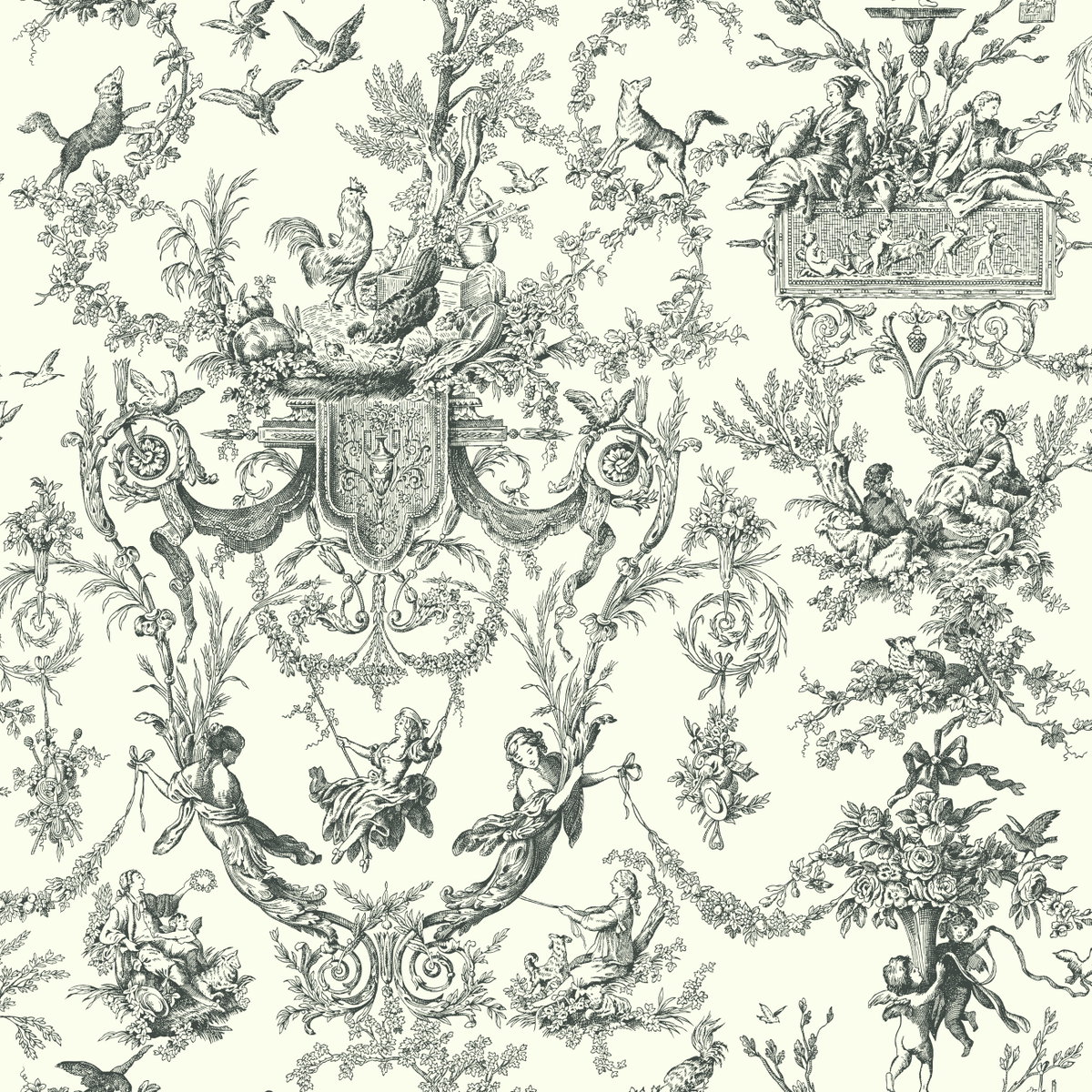Old World Toile Black & White Wallpaper, by York Wall, 33' length x 1'8.5" width x 0.02" depth