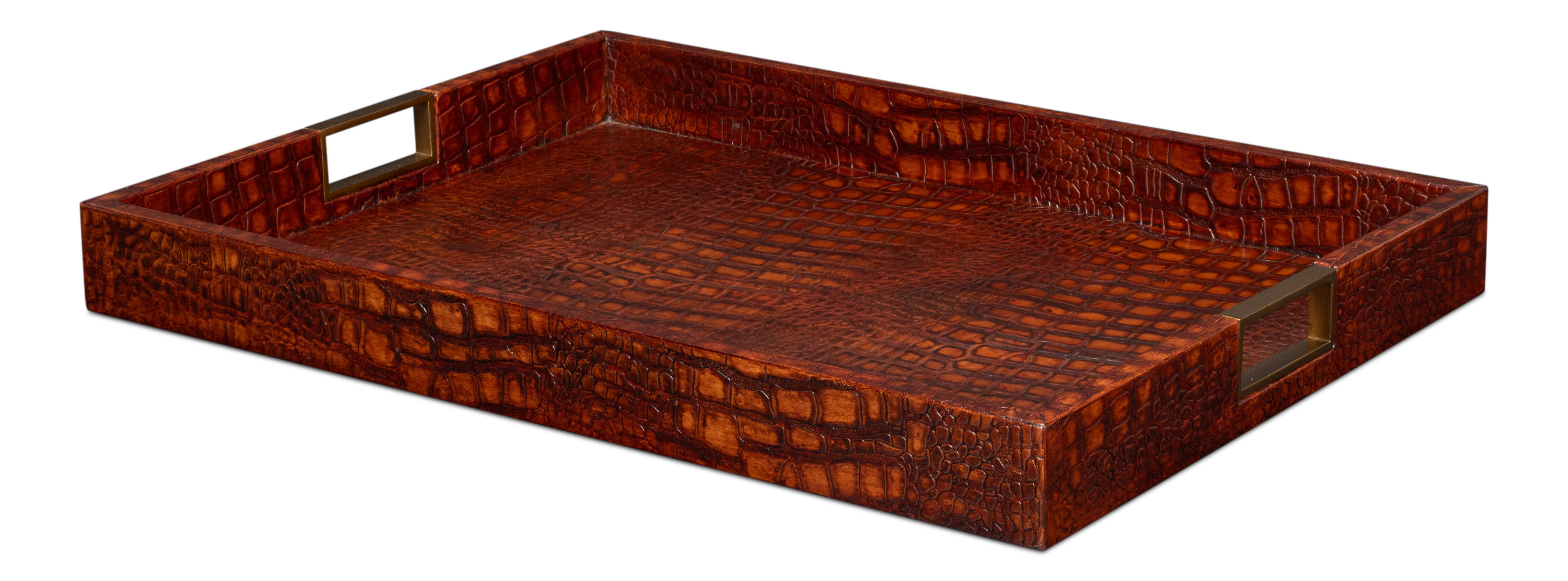 Norton Leather Tray, Croco Leather, Tan, Decor by Sarreid, 24" length x 18" width x 2.5" height View 1