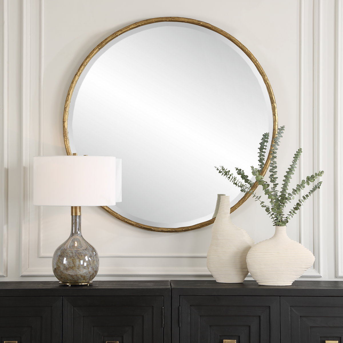 Sutton Aged Gold Round Mirror, by Uttermost, 47.25" width x 47.25" height x 1.5" depth View 2