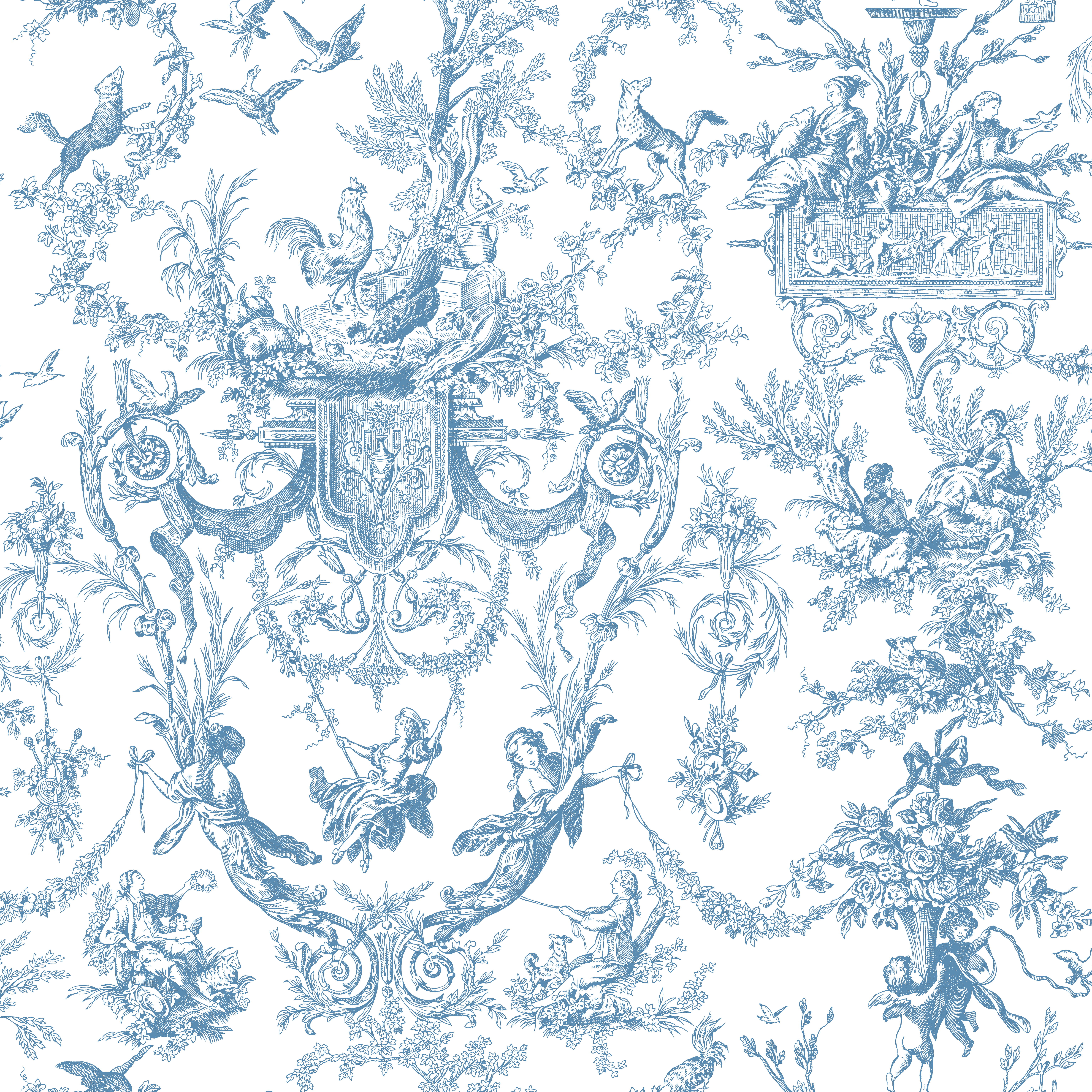 Old World Toile Blue & White Wallpaper large image 