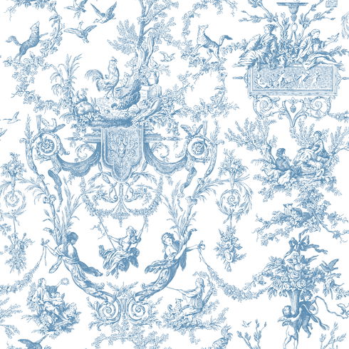 Old World Toile Blue & White Wallpaper