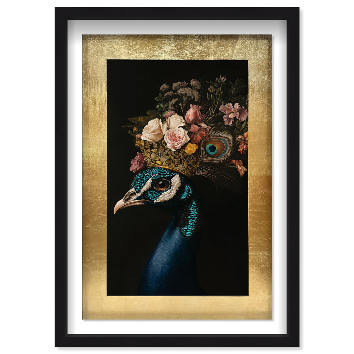 Peacock's Crown II - With Hand-Applied Gold Leaf & Glitter (Black and Teal Glitter, Gold Leaf Mat), Art by Oliver Gal,  24x36 View 1