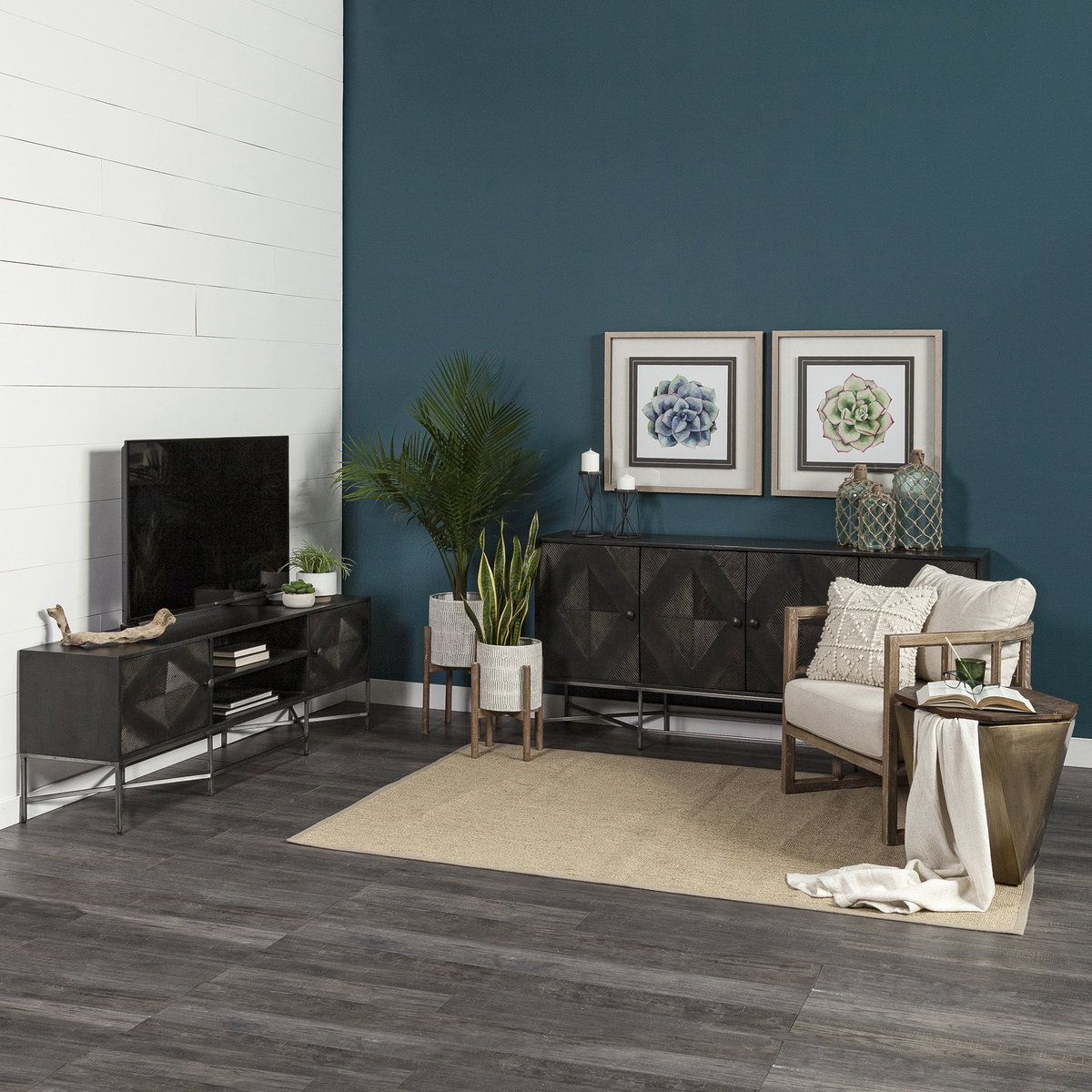 Hogarth I 72x15 Two-Tone Brown Solid Wood Base Silver Frame 4 Cabinet Sideboard, Sideboards & Buffet by Mercana, 16" length x 72" width x 34" height View 2