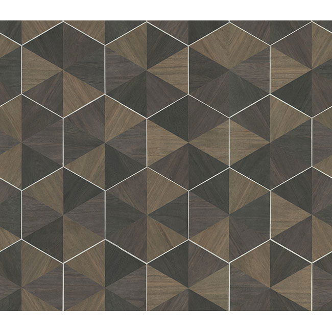 Hexagram Wood Veneer Brown & Black Wallpaper large image 