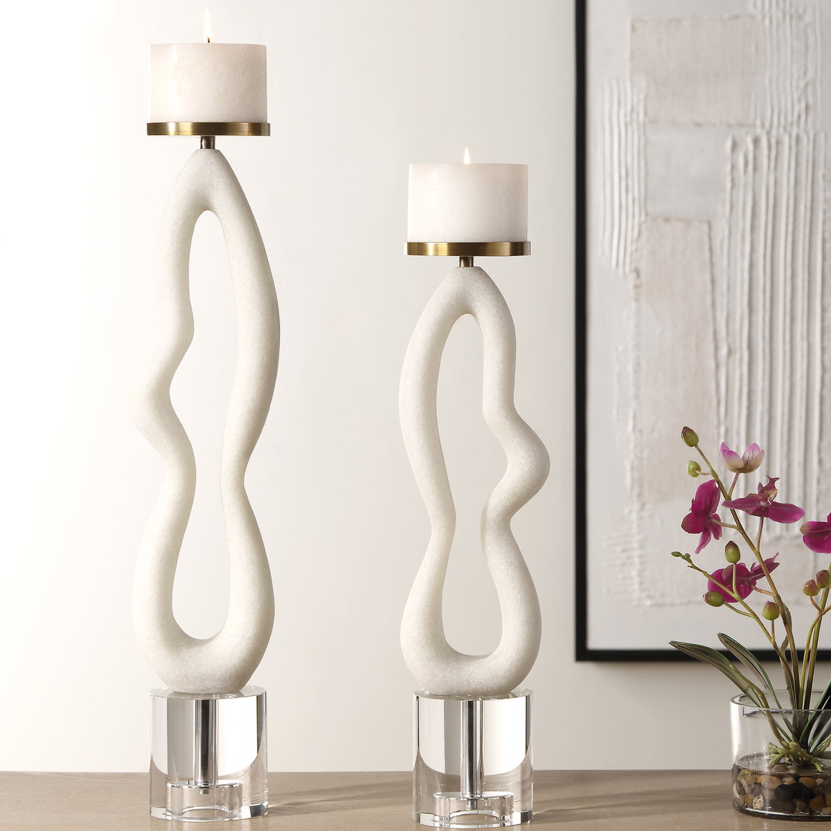 Feamelo Ivory Stone Candleholders Set/2, Candles & Candle Holder by Uttermost, 5" width x 22.5" height x 4.25" depth View 2