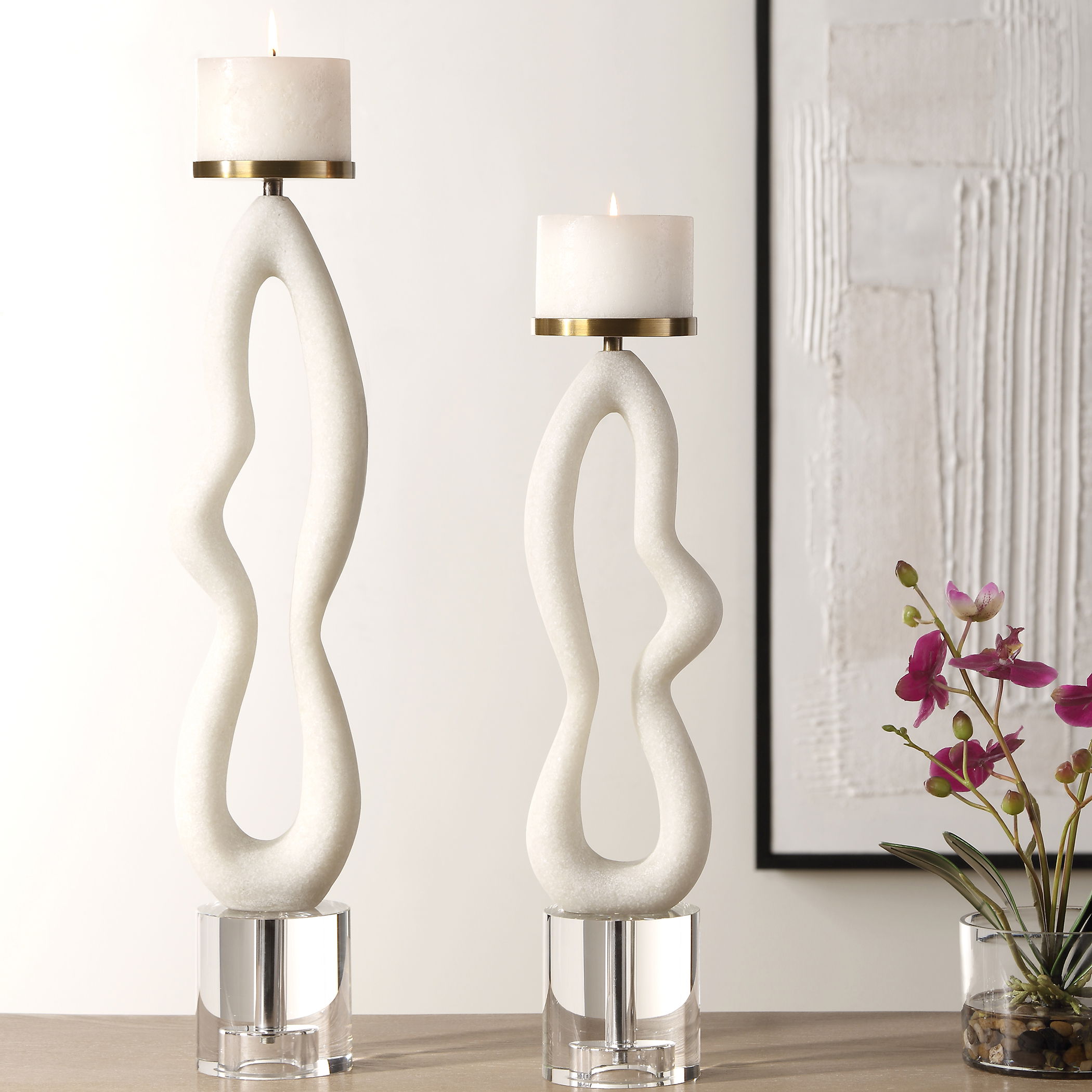 Feamelo Ivory Stone Candleholders Set/2, Decorative by Uttermost, 5" width x 22.5" height x 4.25" depth View 2