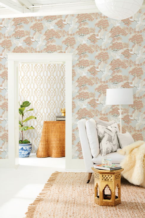Sprig & Heron Orange Wallpaper