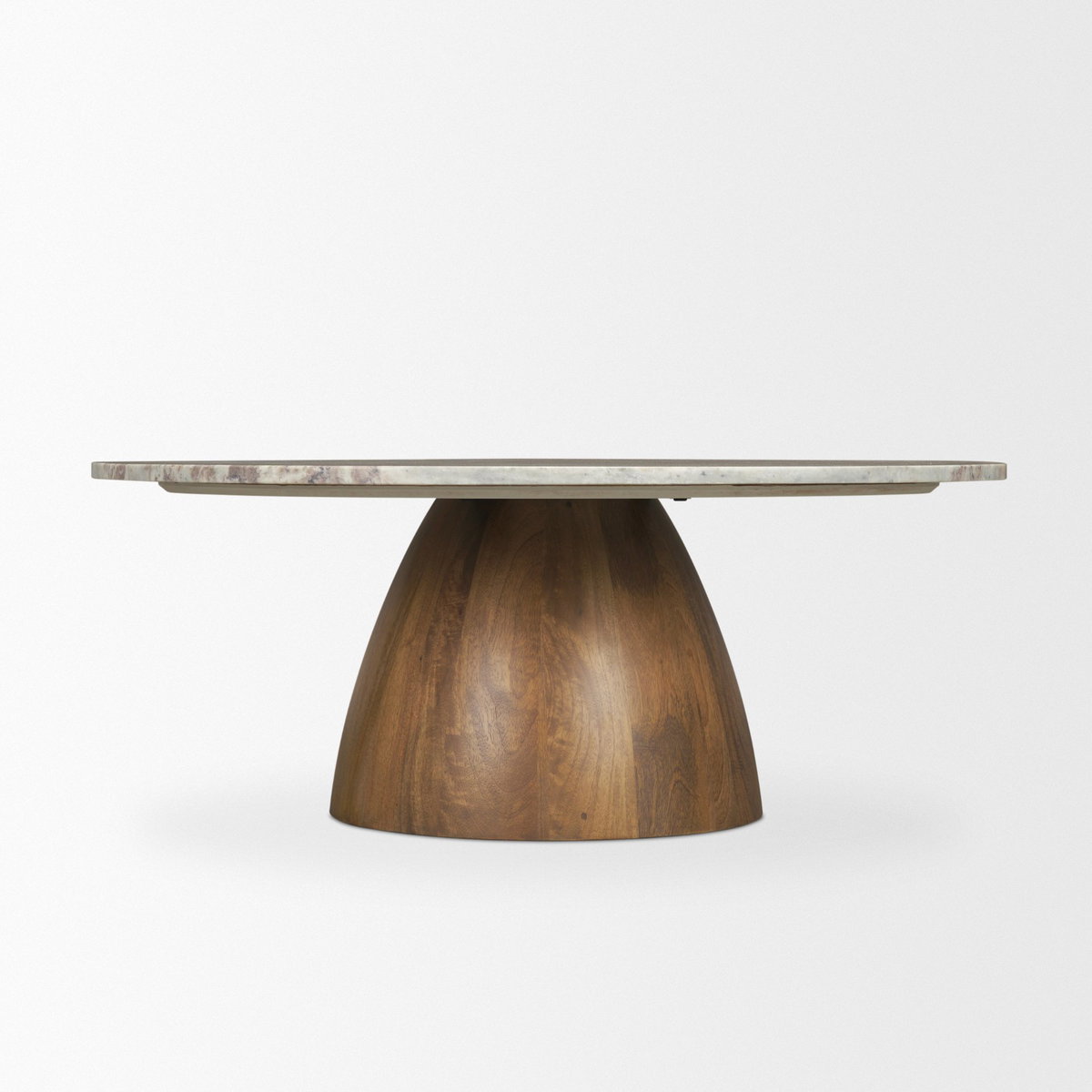 Allyson Round Brown Pedestal with Savar Pink Marble Top Coffee Table, by Mercana, 42" length x 42" width x 16" height View 8