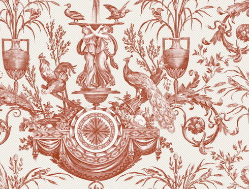 Avian Fountain Toile Brick Wallpaper