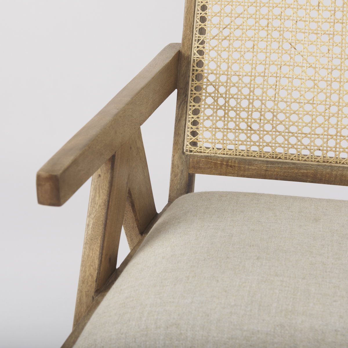 Donna Cane Back Dining Arm Chair | Light Beige Linen with Mango Wood, Dining Chair by Mercana, 21.65" length x 21.65" width x 29.52" height View 10