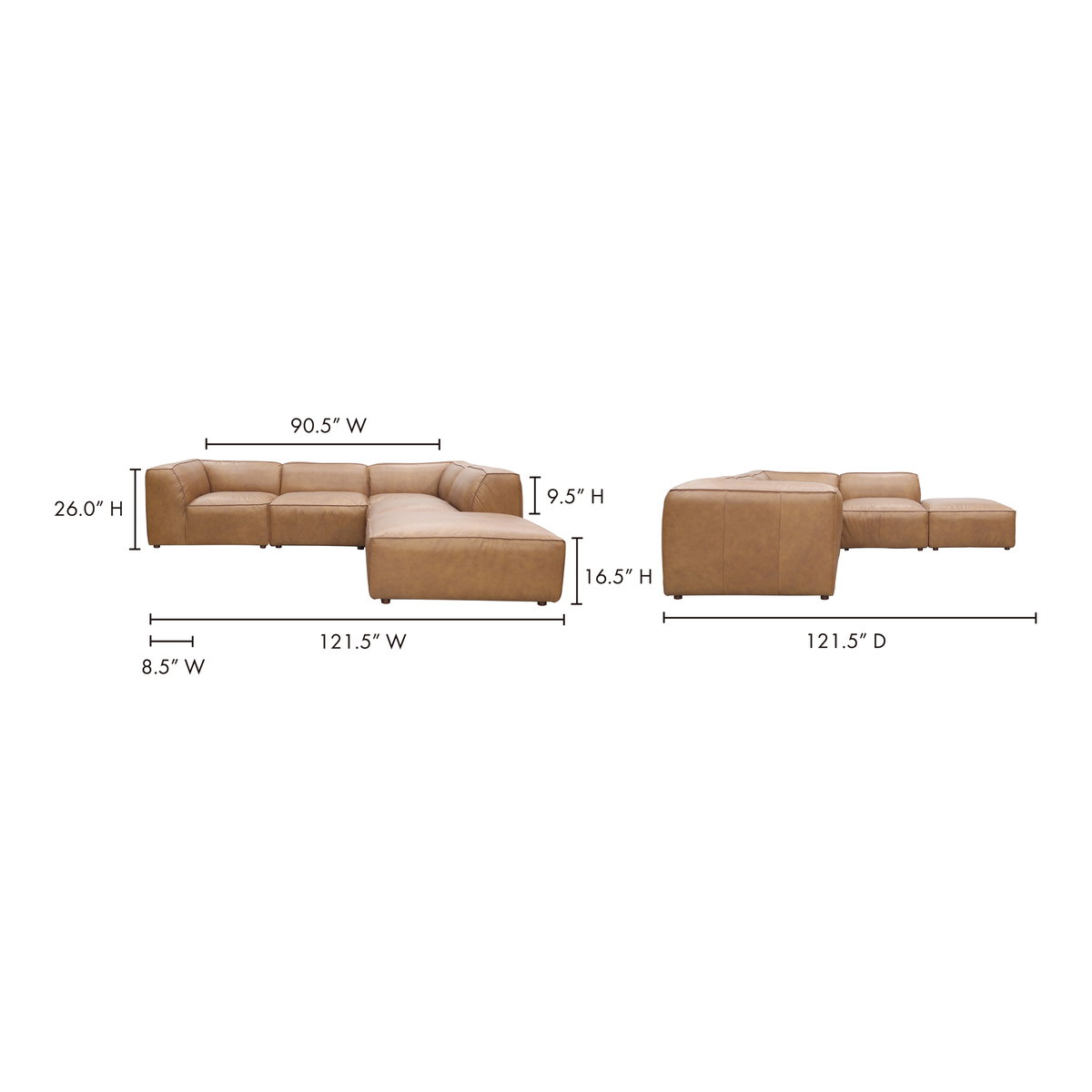 Form Dream Modular Sectional Sonoran Tan Leather, Sectional Sofa by Moe's Home, 112" width x 26" height x 102.5" depth View 8