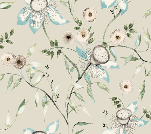 Dream Blossom Taupe & Aqua Wallpaper