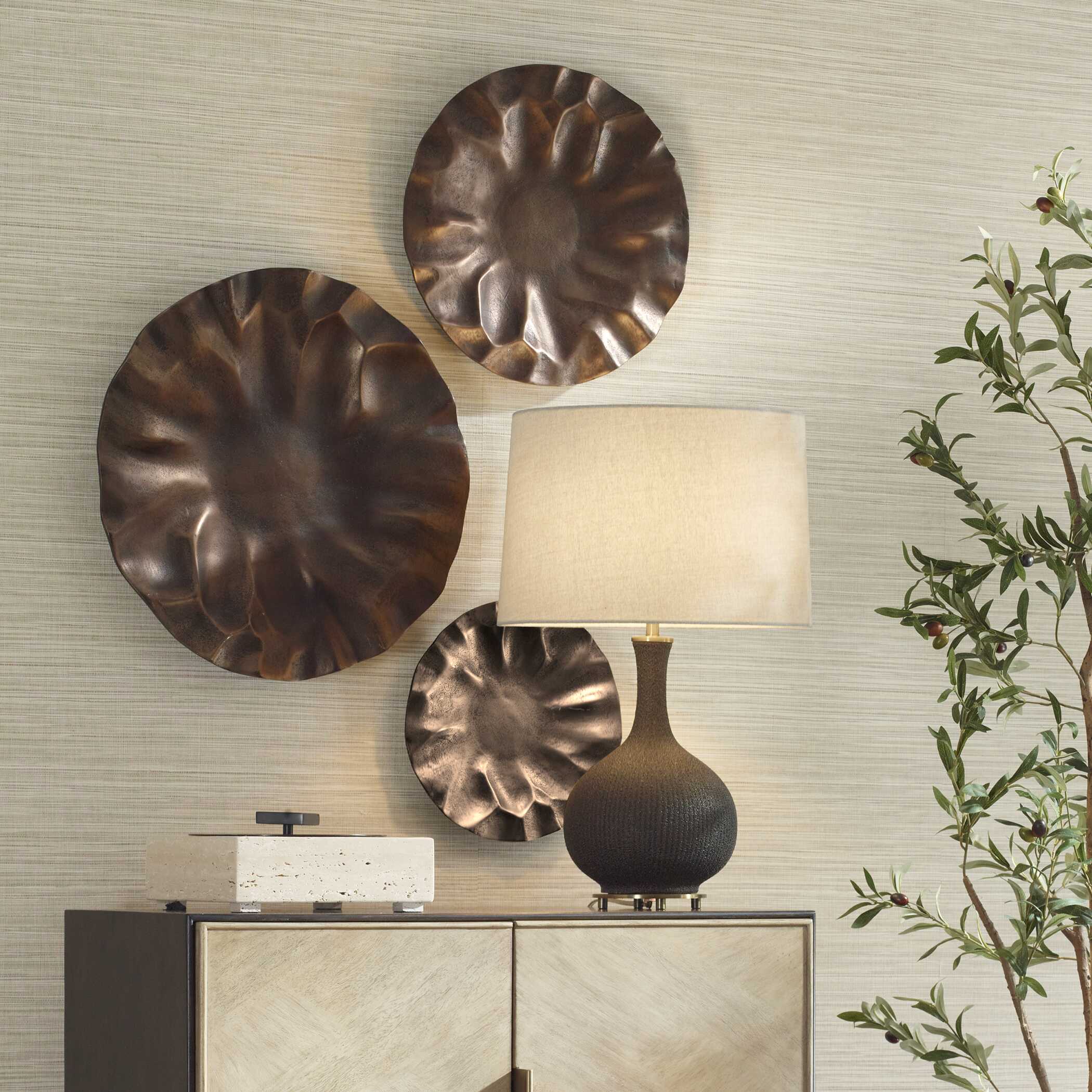 Peonia Outdoor Bronze Wall Art Set/3, Sculptural Wall Art by Uttermost, 20" width x 20" height x 2.5" depth View 4