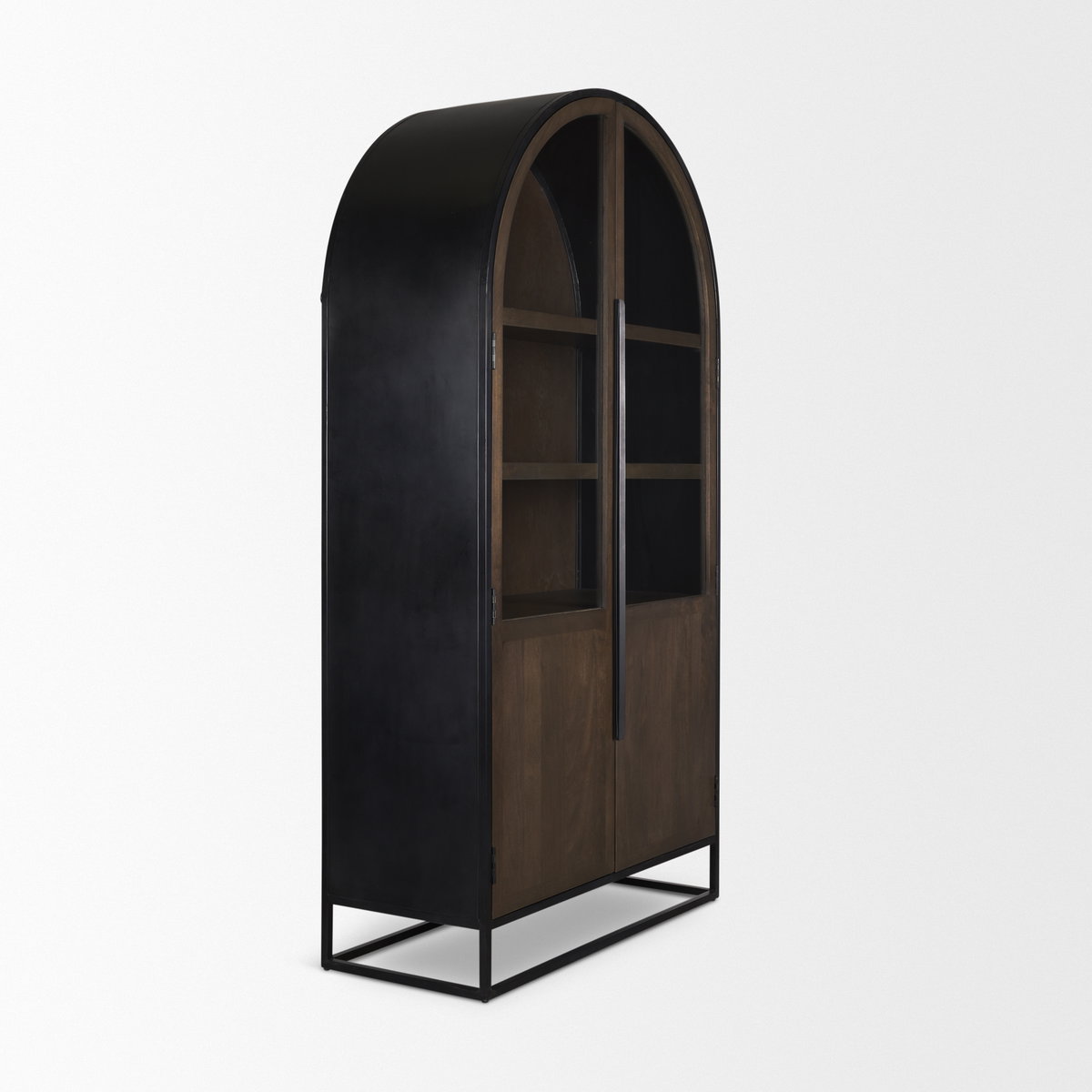 Sloan 42W x 80H Dark Brown Wood with Black Metal Arched Curio Cabinet, Cabinets & Sideboard by Mercana, 42" length x 18.5" width x 80" height View 10