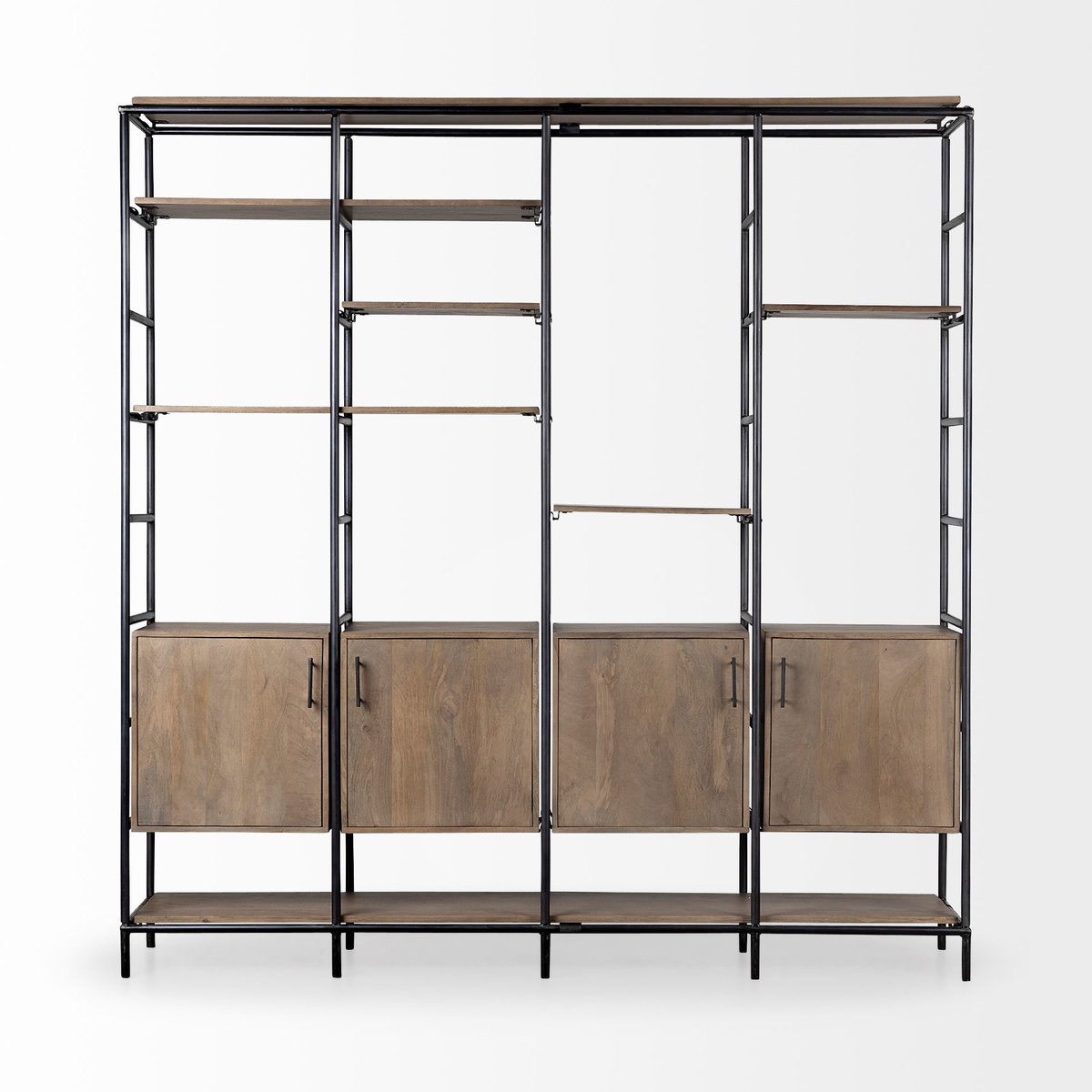 Darius 82L x 16.5W x 90H Medium Brown Wood and Metal Multi-Shelf Shelving Unit, Shelving & Bookcase by Mercana, 82" length x 16.5" width x 90" height View 3