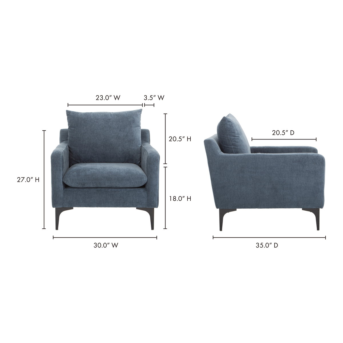 Paris Armchair Blue, Accent Chair by Moe's Home, 30.25" width x 32.5" height x 34.75" depth View 9