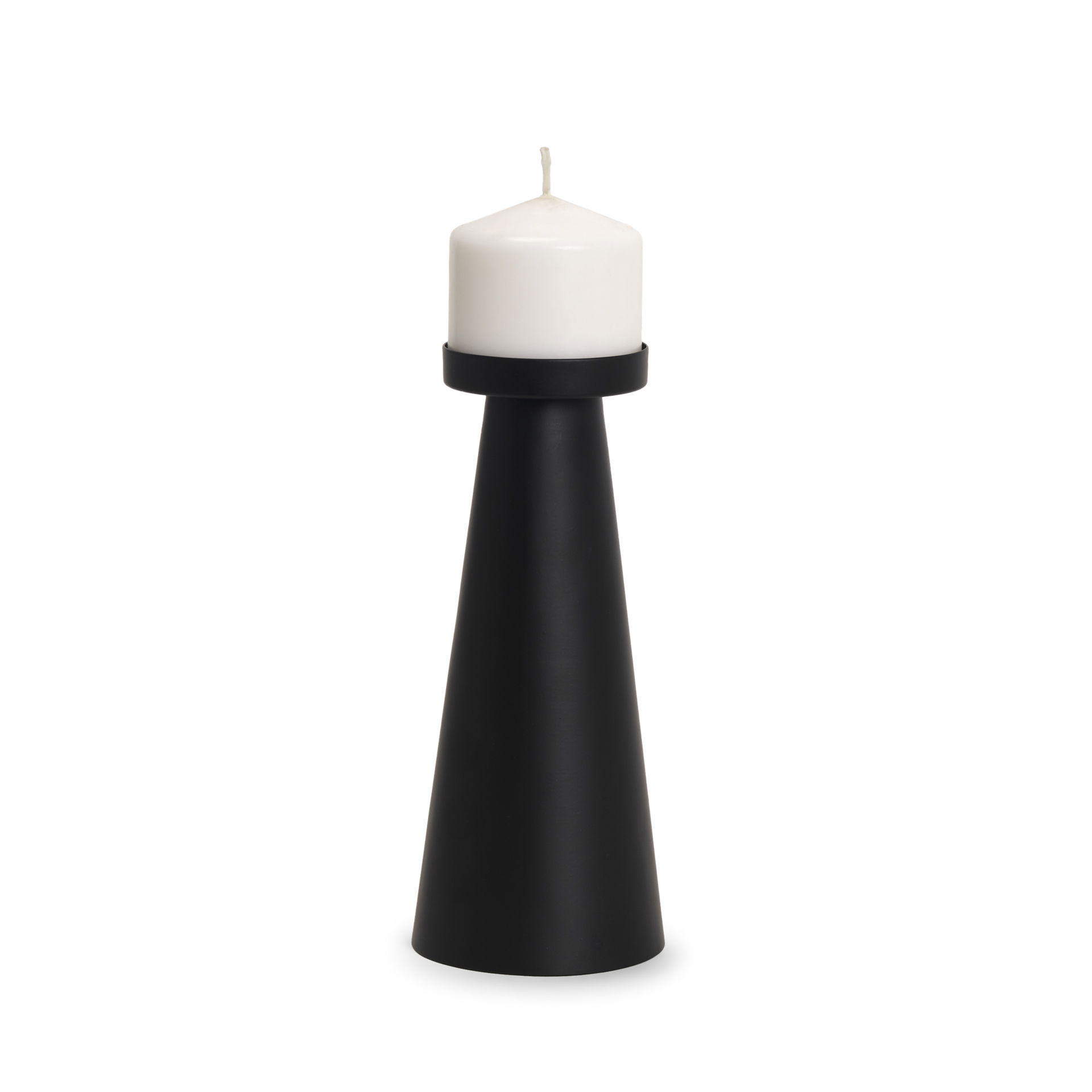 Quadir Tall Matte Black Metal Candle Holder, Candles & Candle Holder by Mercana, 4" length x 4" width x 9.75" height View 1