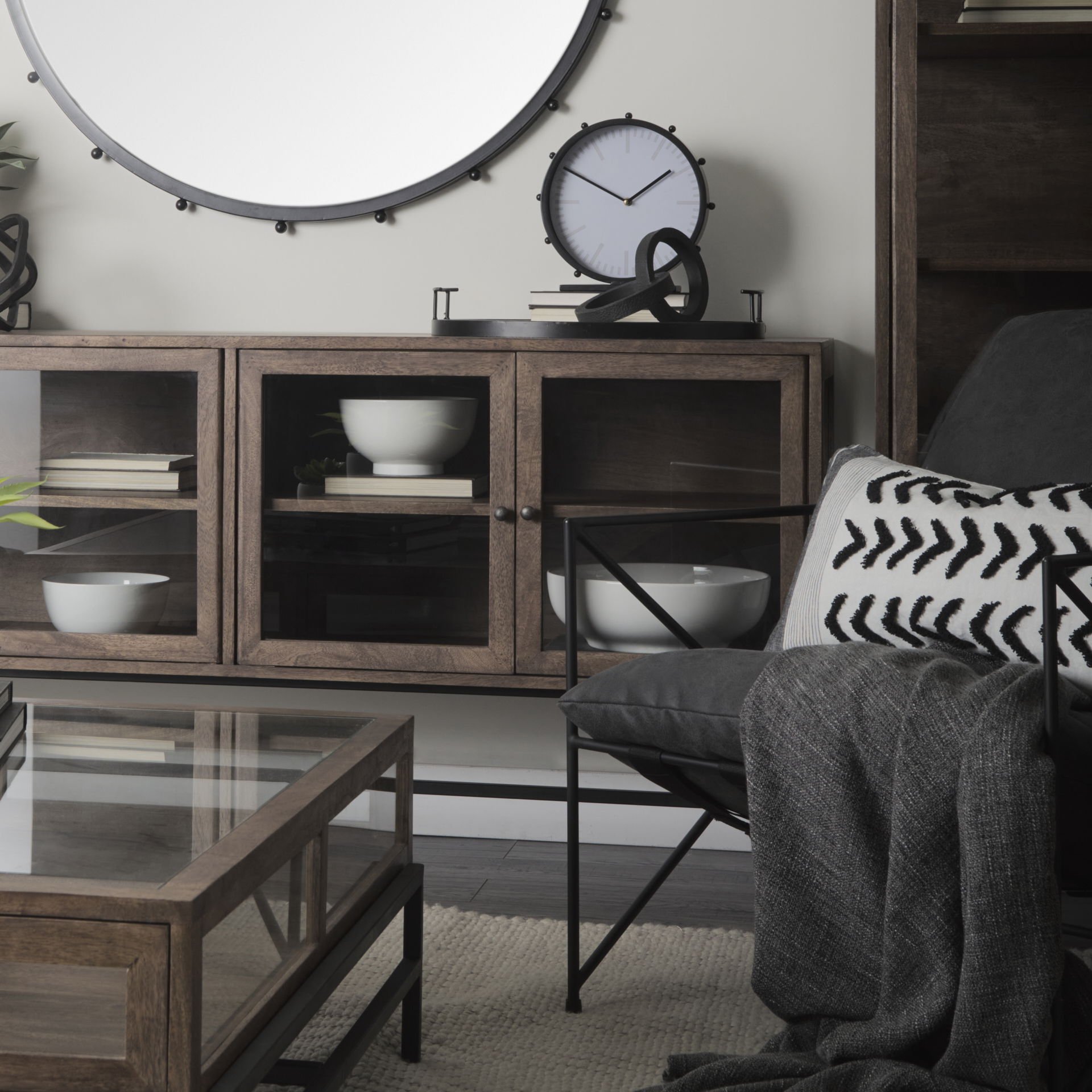 Arelius 70L x 18.75W x 32H Medium Brown, Black Metal Base with 4 Glass Door Cabinets Sideboard, Sideboards & Buffet by Mercana, 70" length x 18.75" width x 32" height View 3