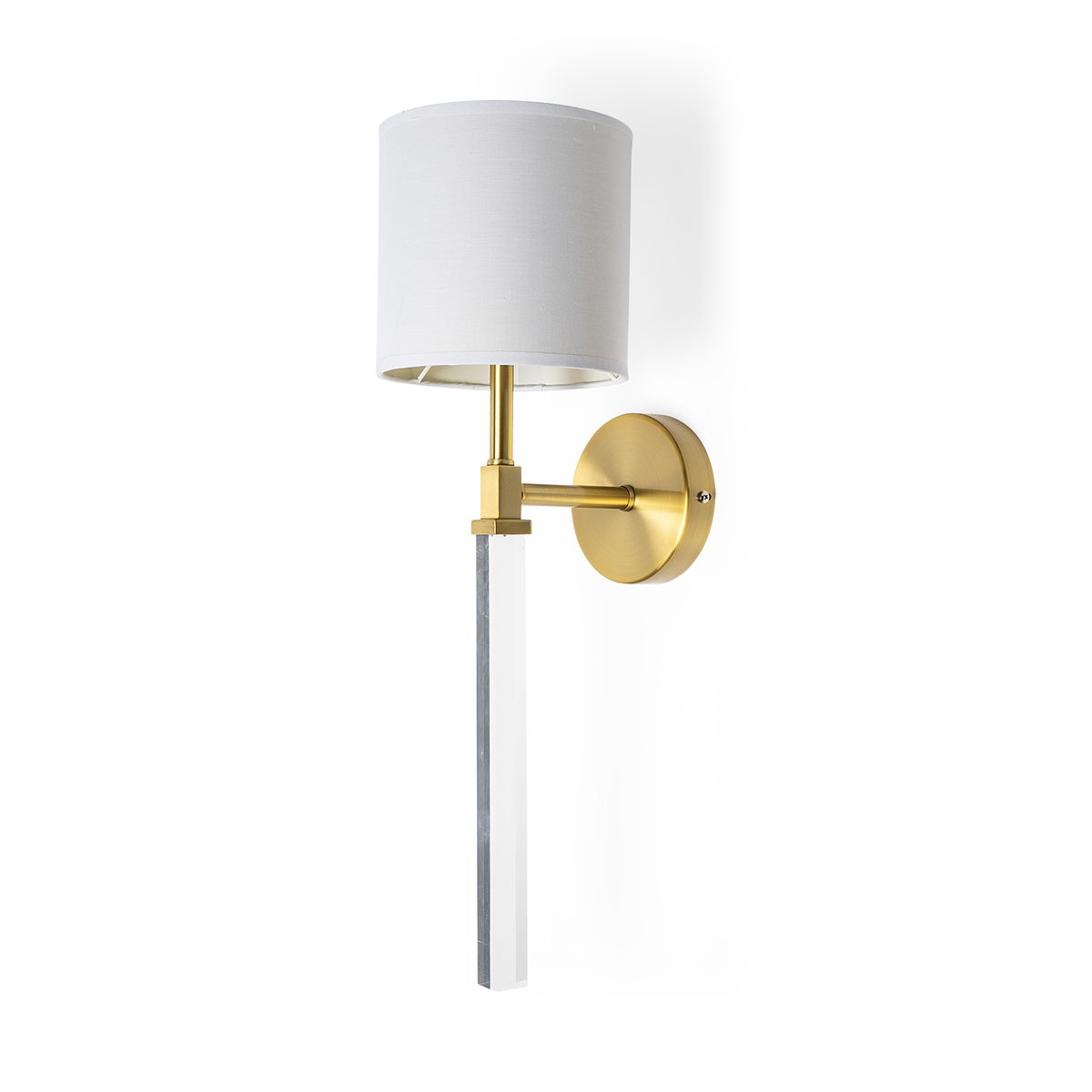 Santander II 6.5x22 Gold Metal and White Linen Shade Wall Sconce, by Mercana, 6.5" length x 8.75" width x 22" height View 1