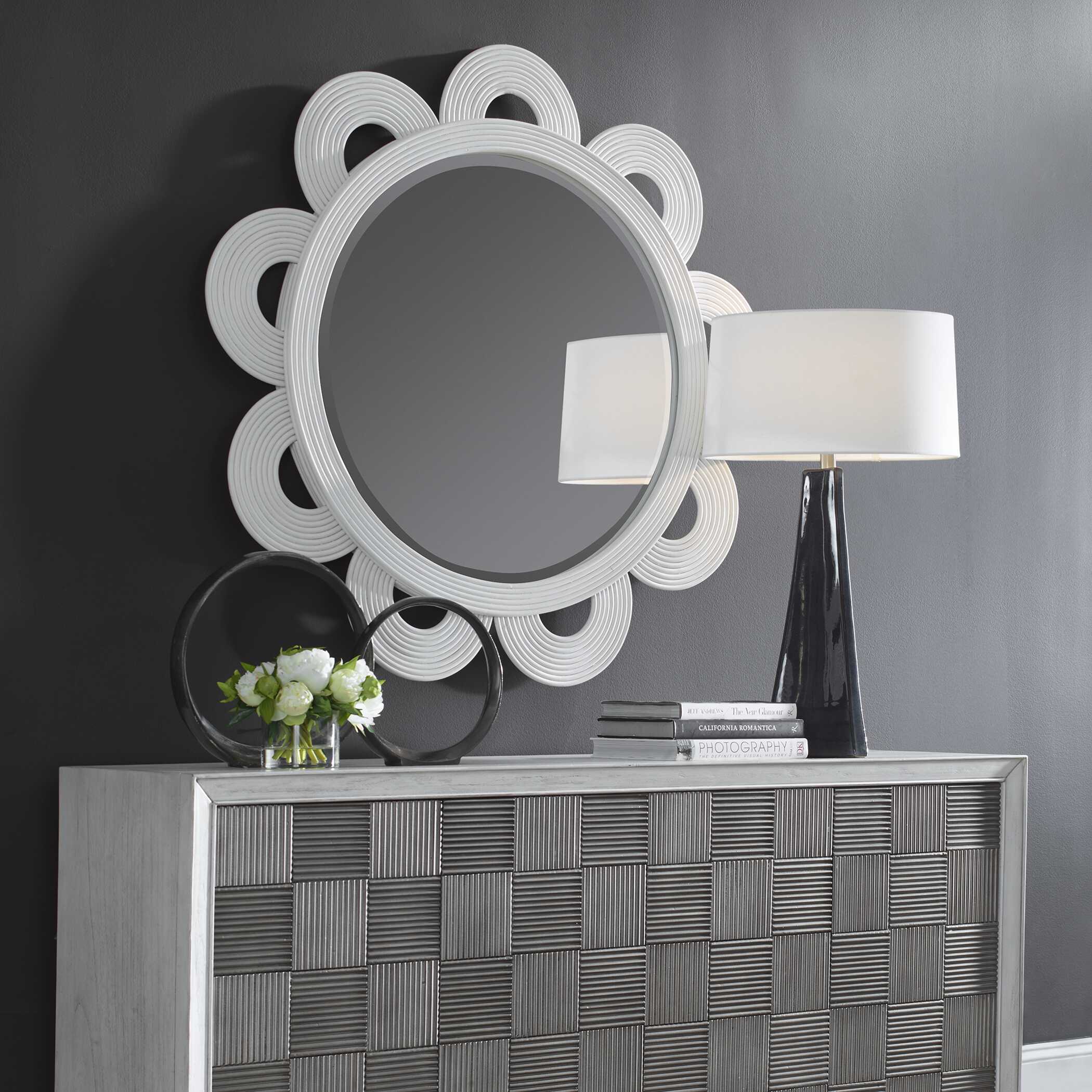 Clematis White Rattan Round Mirror large image 