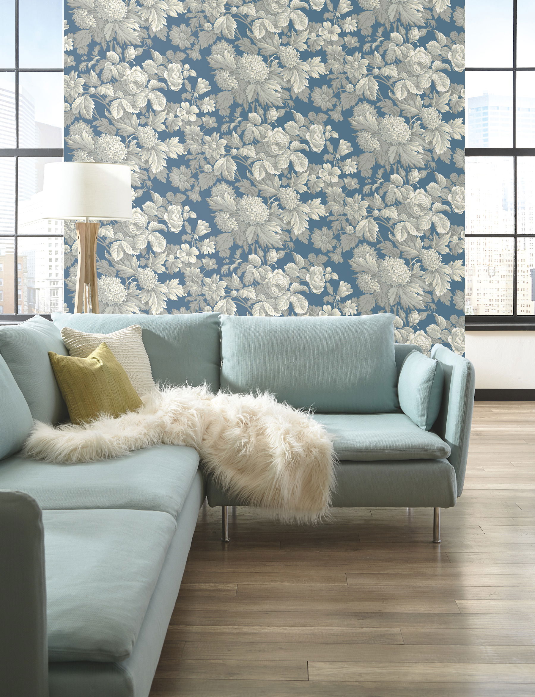 Antique Floral in Wedgewood Blue & Grey Wallpaper large image 