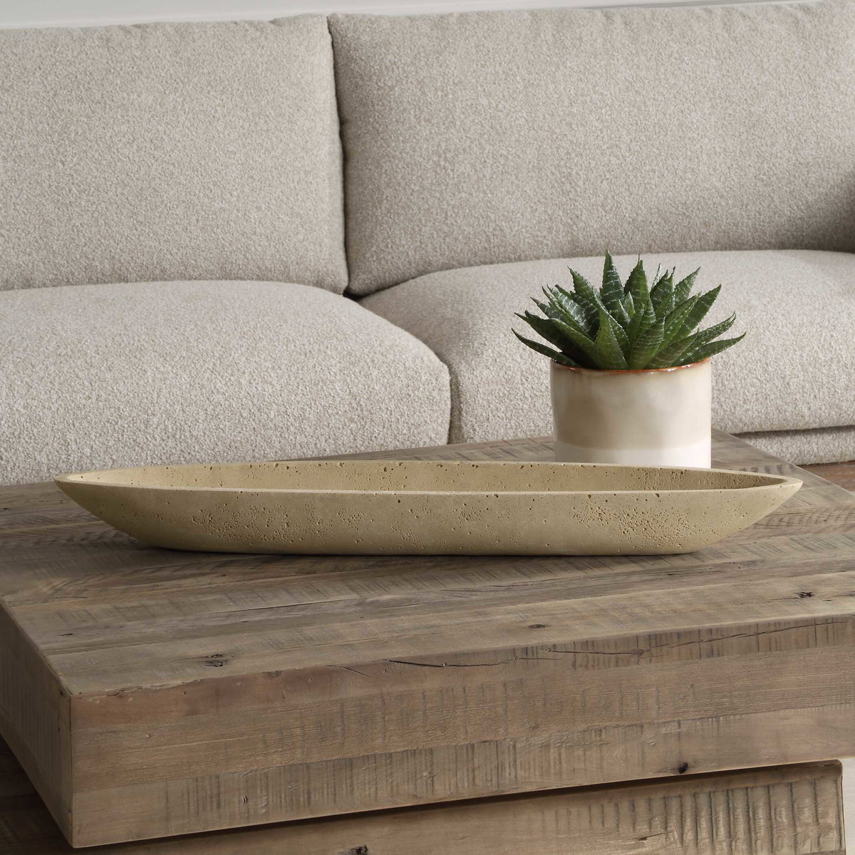 Vessel Cast Ivory Canoe Bowl, Decorative Tray by Uttermost, 29" width x 2.75" height x 6.5" depth View 3