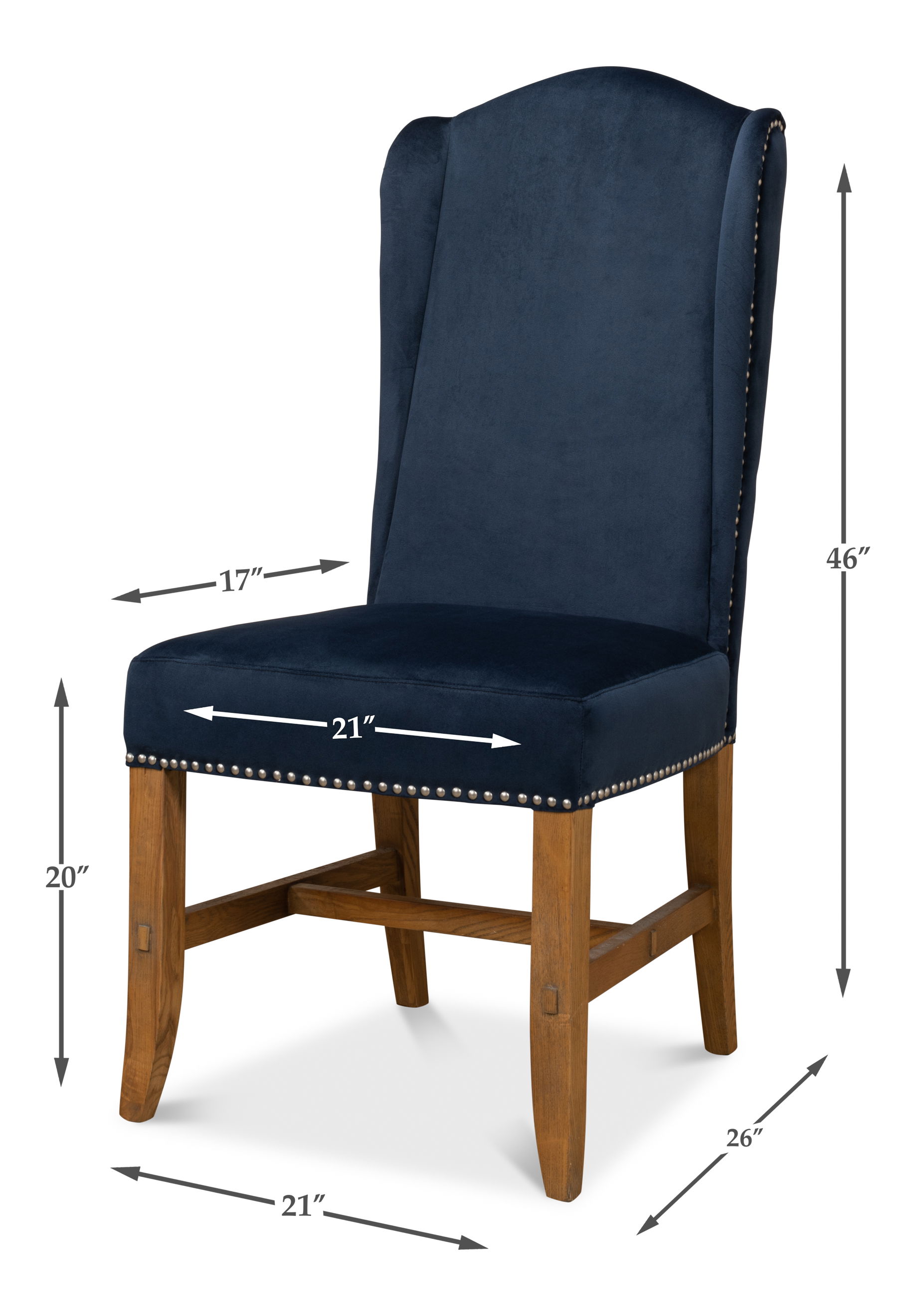 High Back Dining Chair, Blue Velvet, by Sarreid, 21" length x 26" width x 46" height View 13