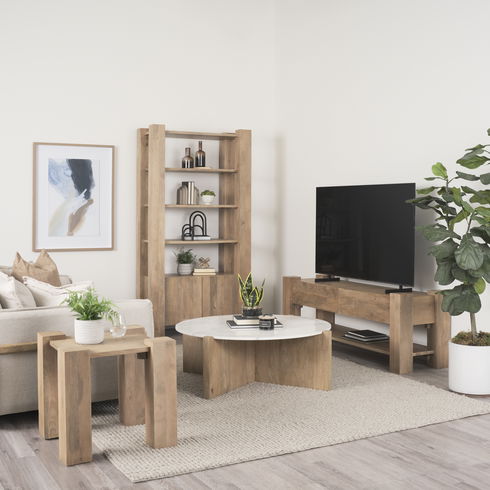 Bianca Light Brown Wood with Round Marble Top Coffee Table