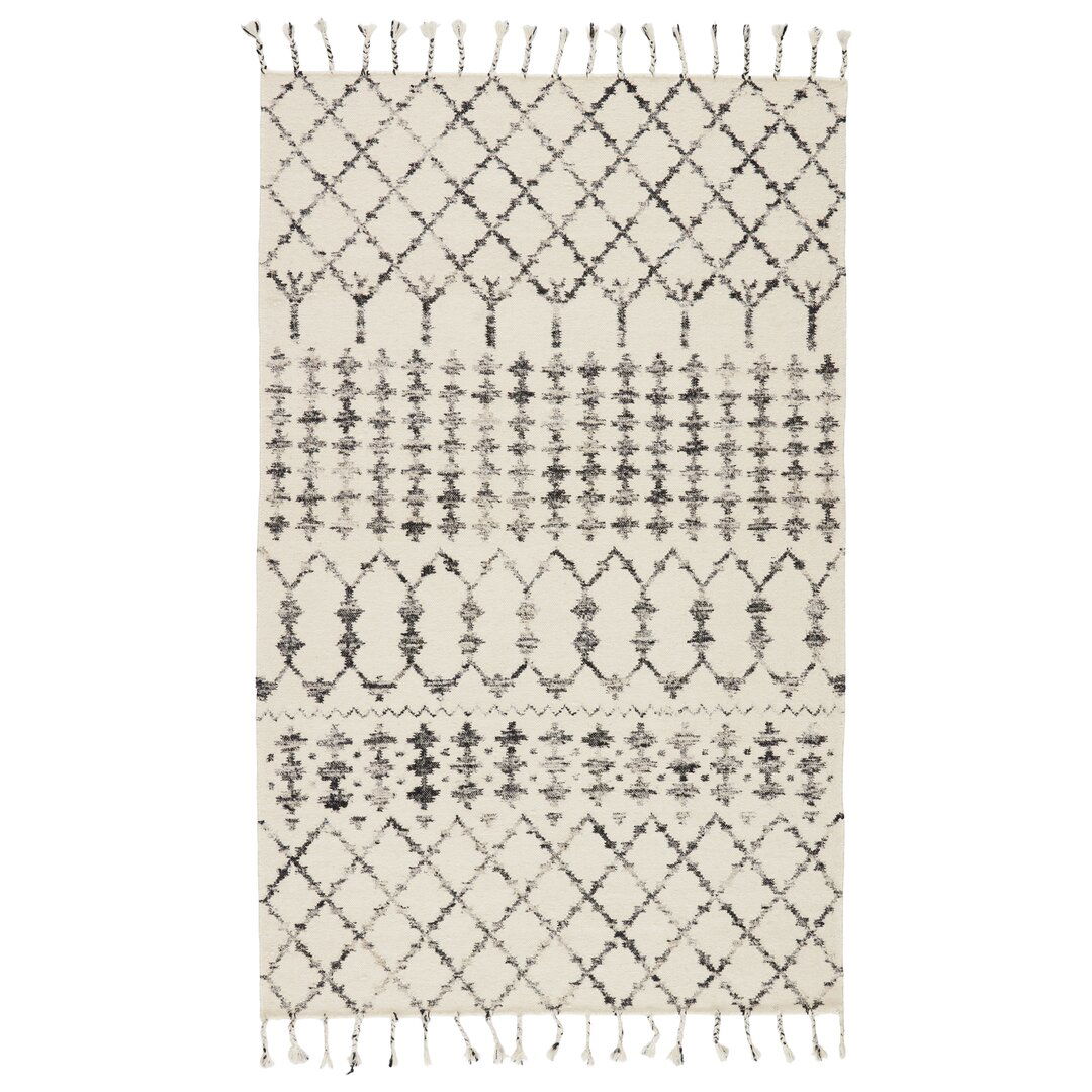 Geometric Wool/Silk Ivory/Black Area Rug large image 