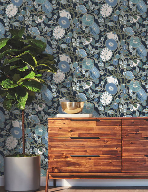 Poppies Black & Blue Metallic Wallpaper