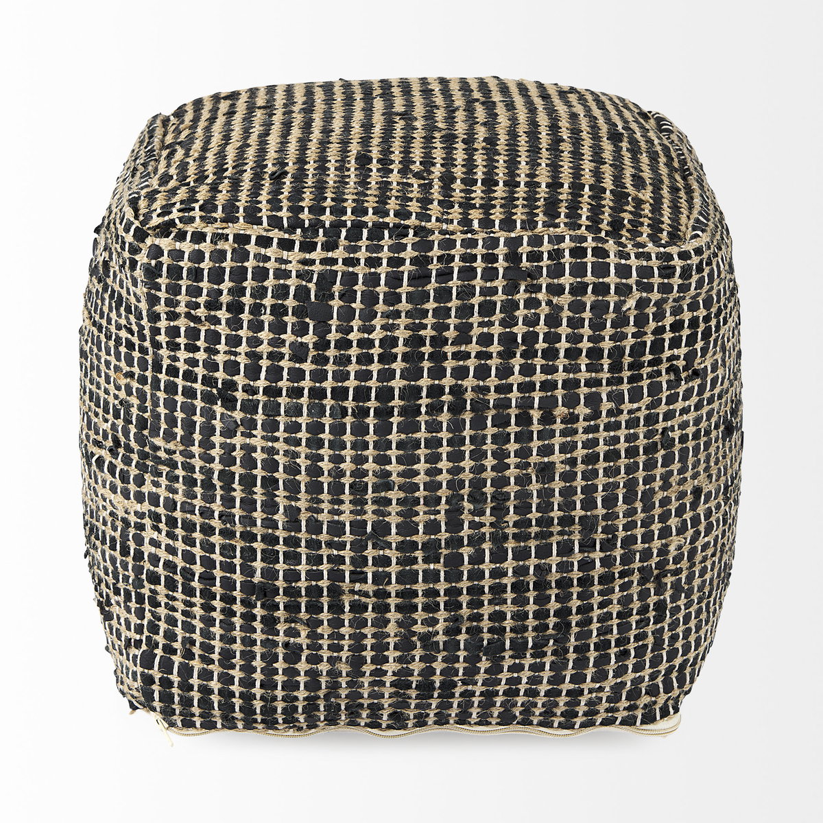 Aalia  Charcoal Leather and Jute Pouf, Ottoman by Mercana, 16" length x 16" width x 16" height View 3
