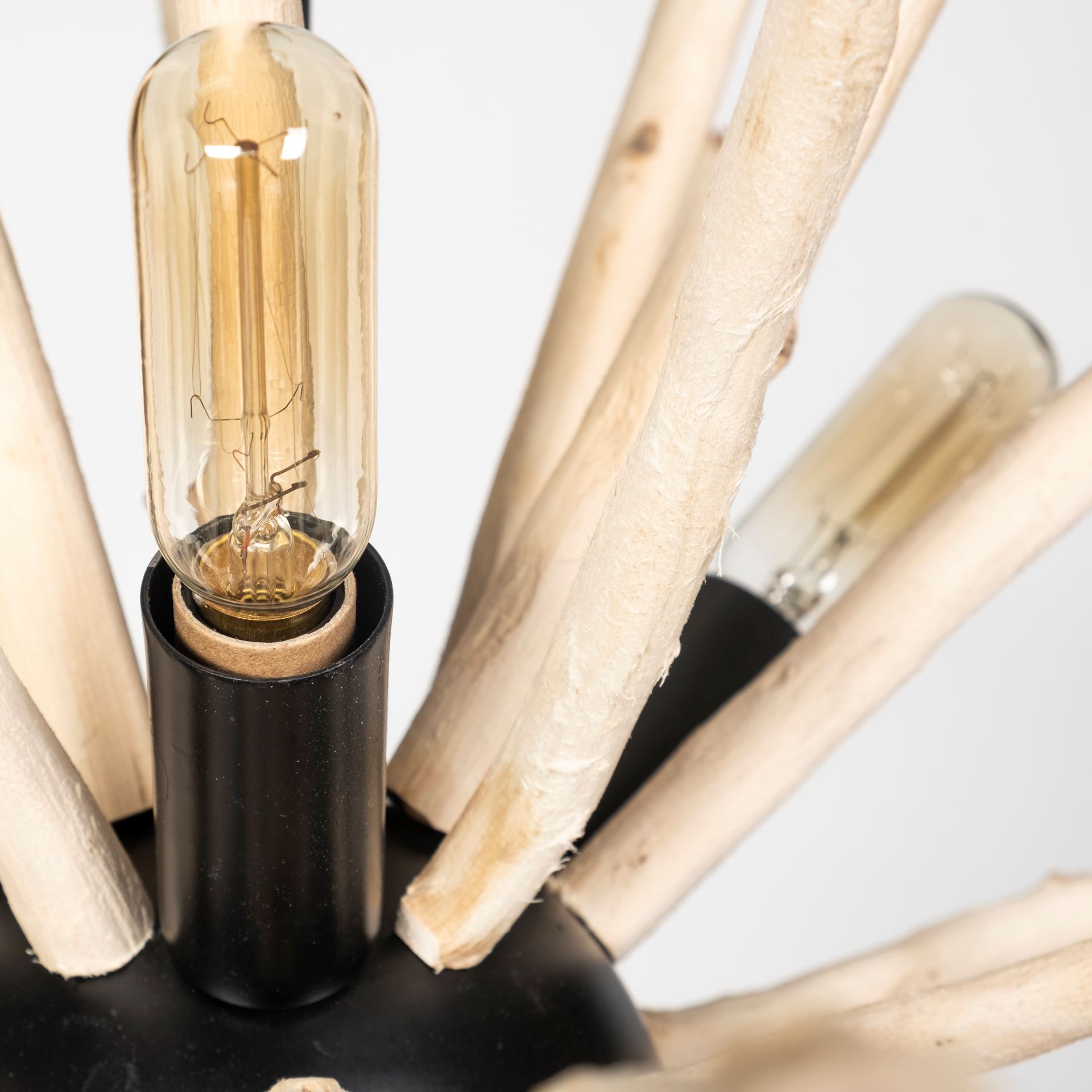 Jules 25x25 Blonde Wood and Black Metal Six Bulb Chandelier Light, by Mercana, 25" length x 25" width x 25" height View 6